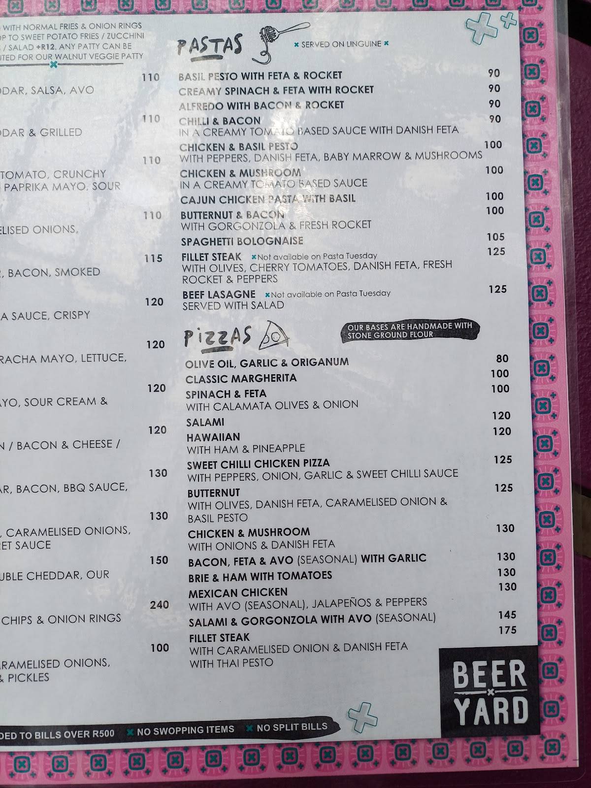 Menu at Beer Yard pub & bar, Port Elizabeth