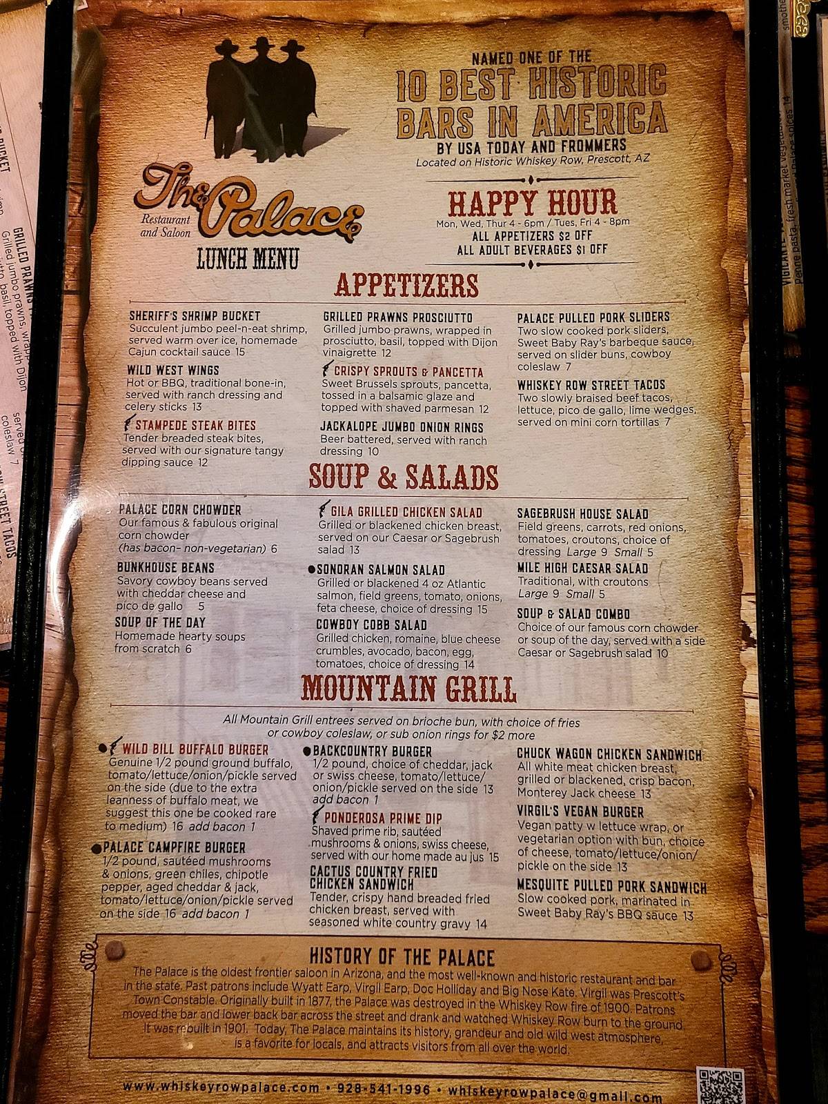 Menu at Palace Restaurant & Saloon, Prescott, 120 S Montezuma St