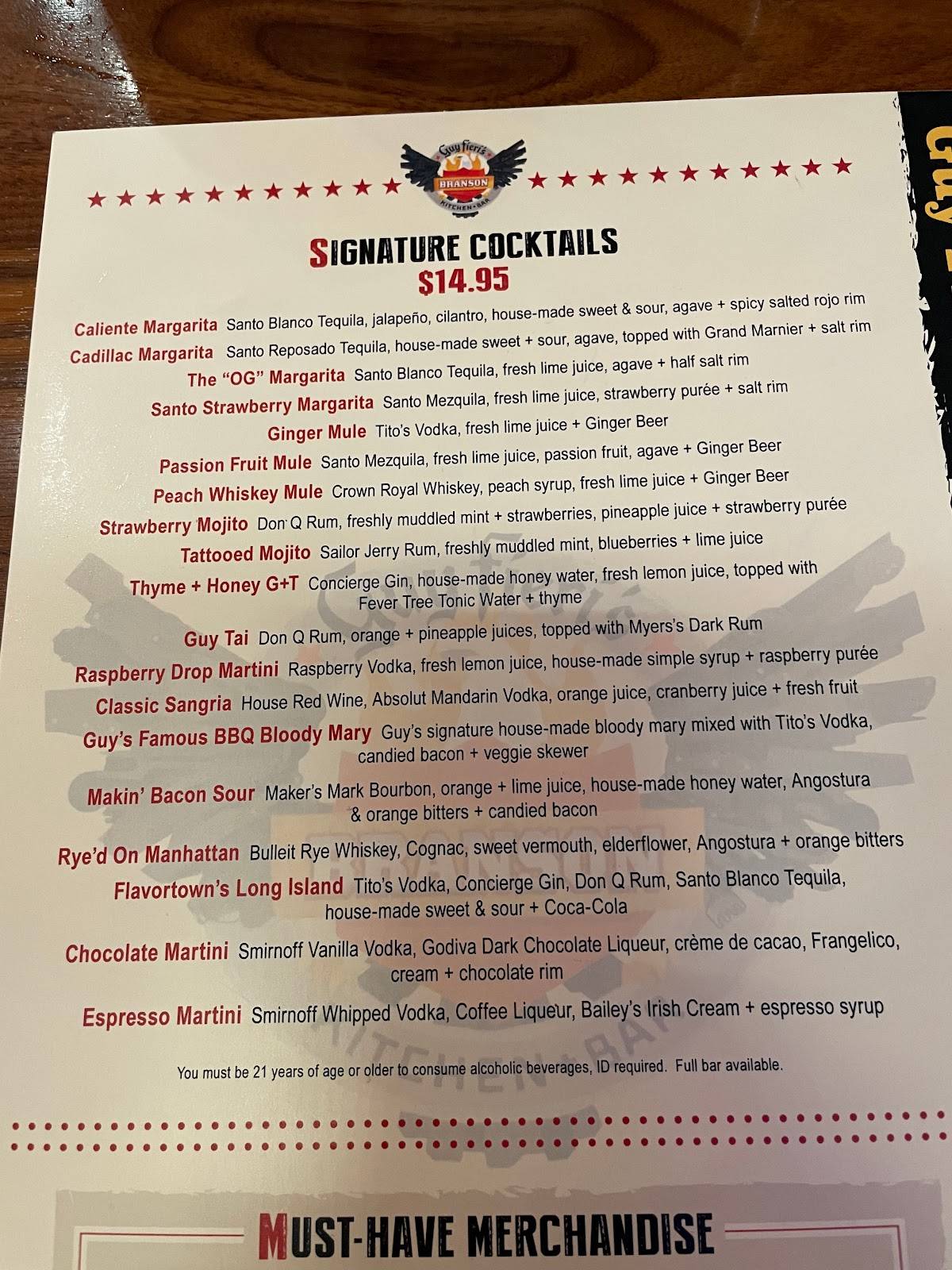 Menu at Guy Fieri's Branson Kitchen + Bar, Branson, 100 Branson Landing