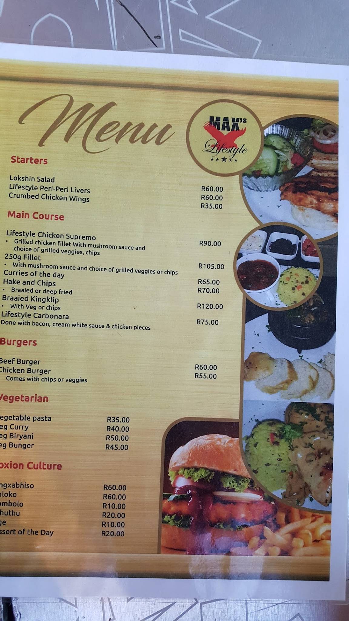 Menu at Max's Lifestyle pub & bar, Durban, Durban