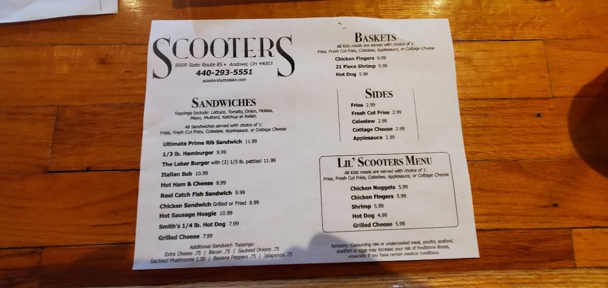 Menu at Scooter's Bar & Grill, Andover