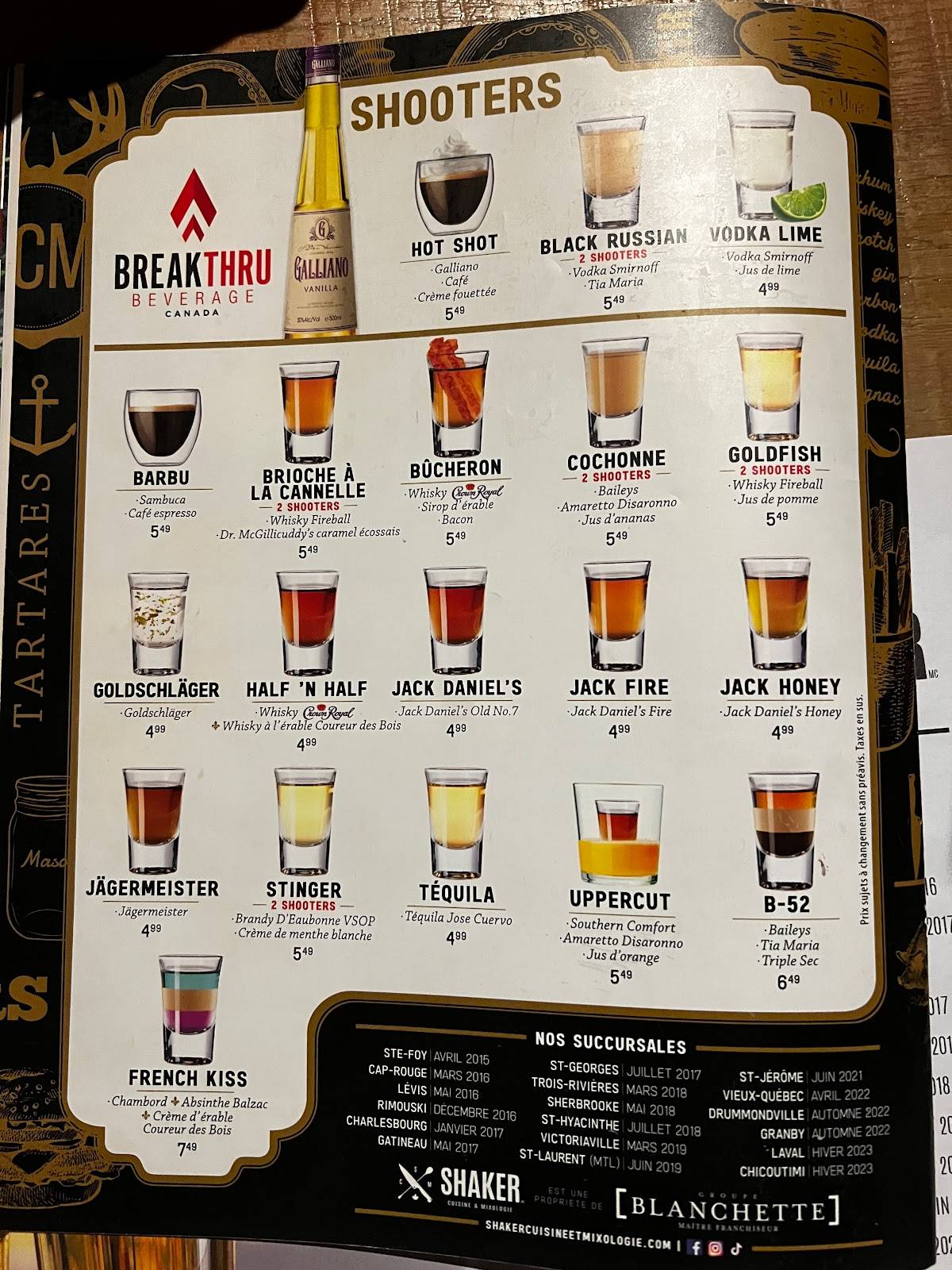 Menu au SHAKER Cuisine & Mixologie SteFoy pub et bar, Québec, Ch SteFoy