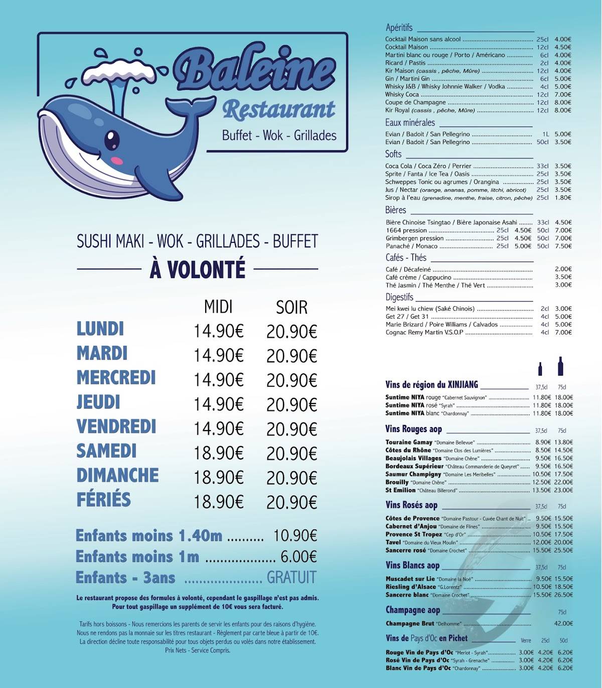 Menu au Restaurant Baleine (buffet à volonté asiatique), Les Mureaux