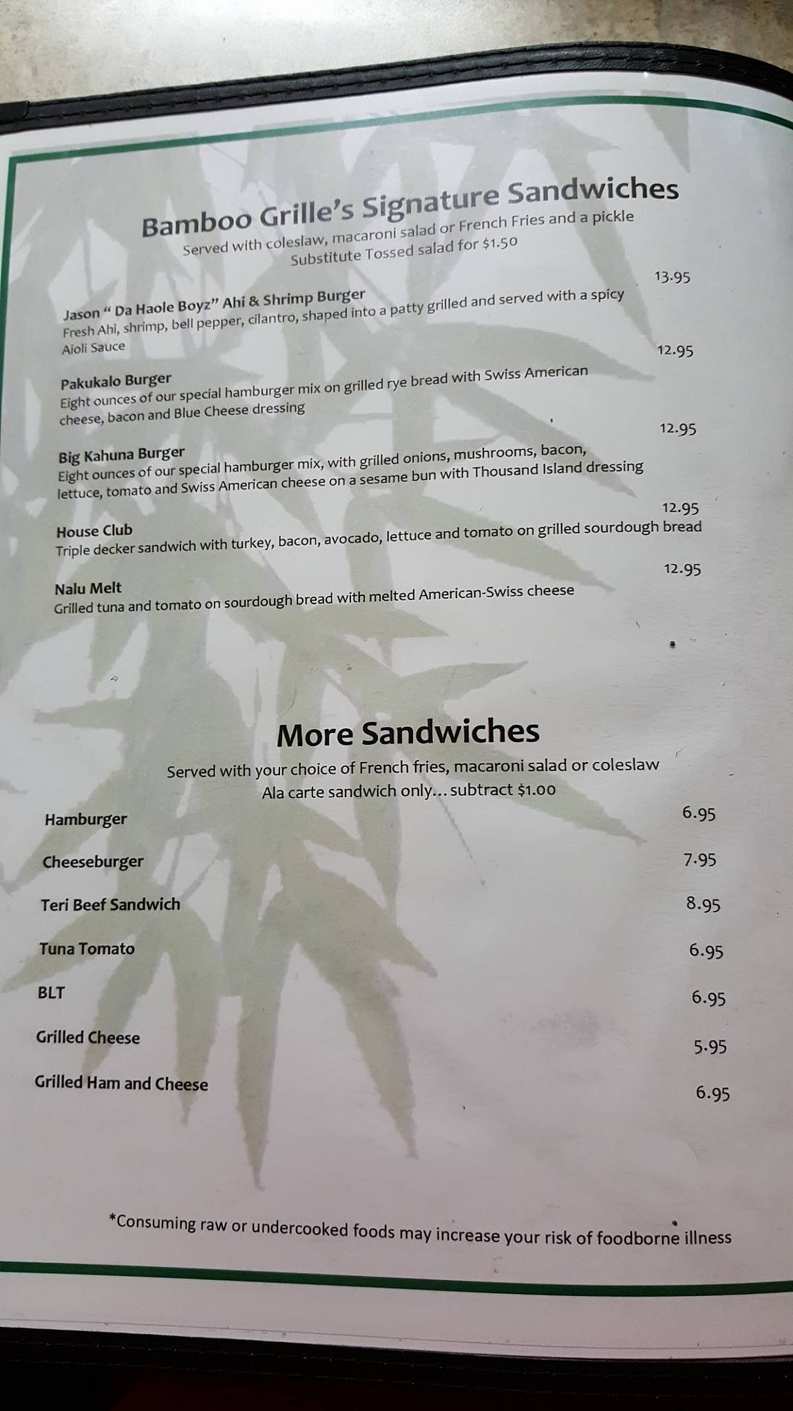 Menu at Bamboo Grille Inc. restaurant, Wailuku