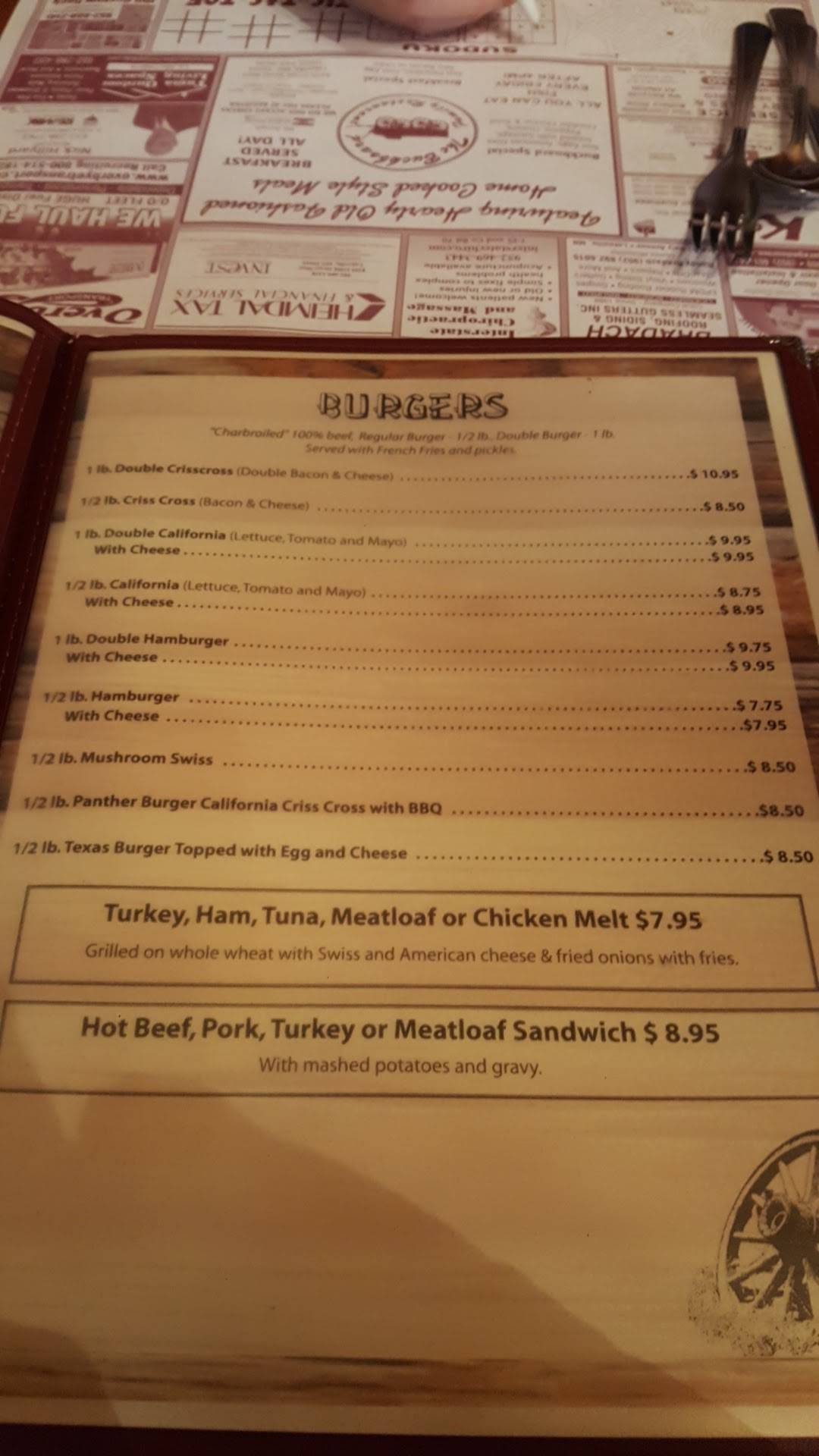Menu at Buckboard restaurant, Lakeville