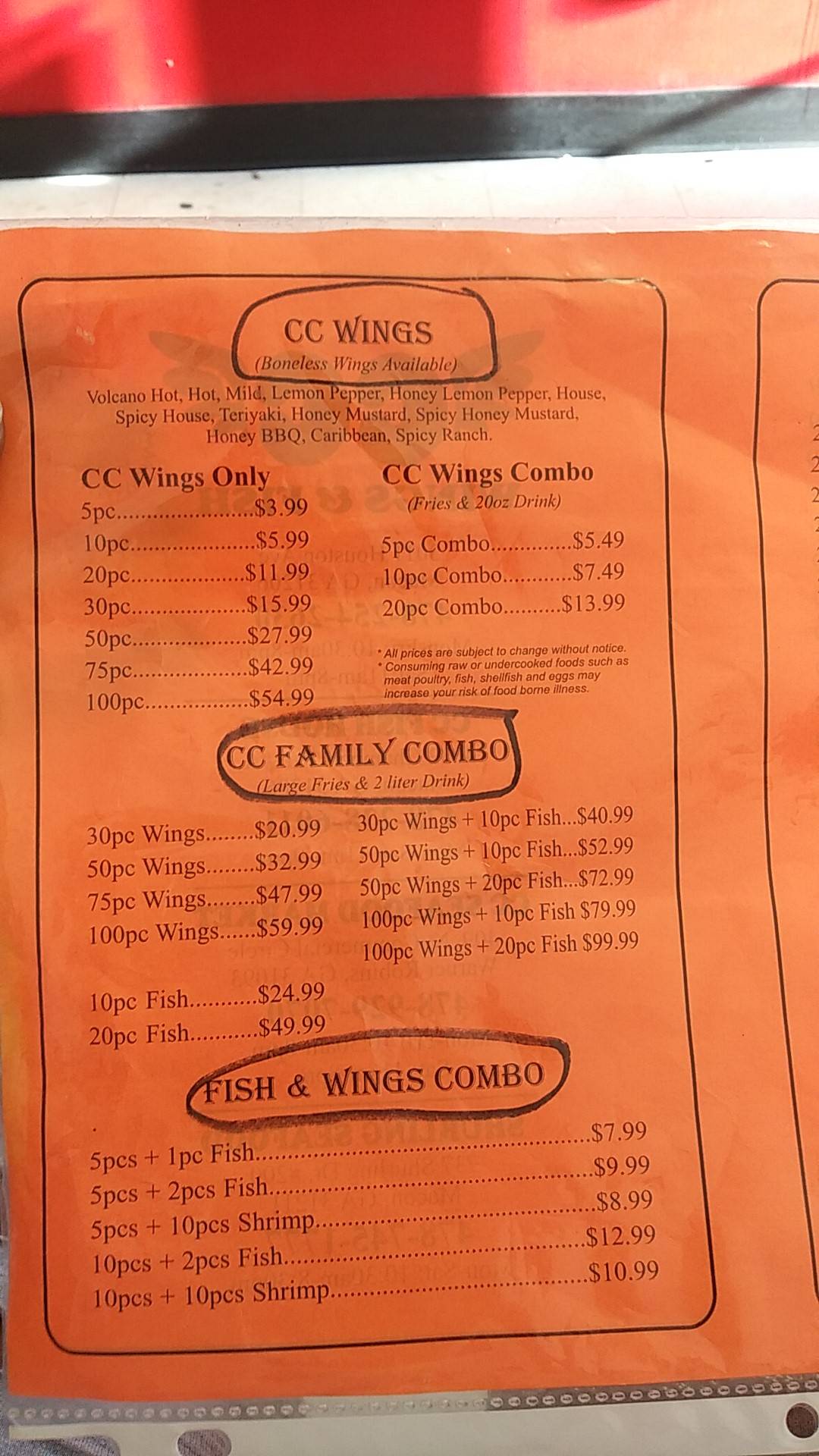 Menu at CC's Seafood restaurant, Warner Robins