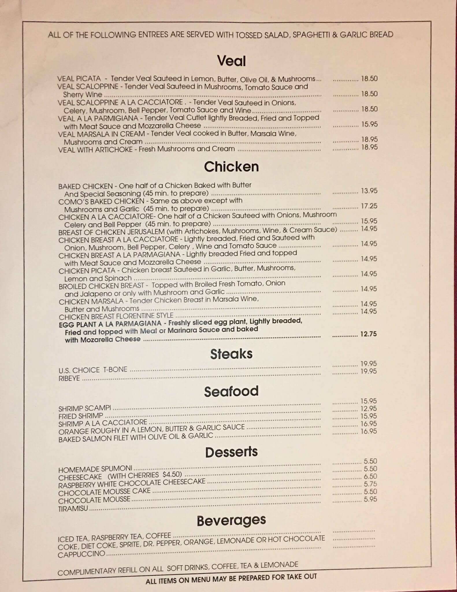 Menu at Como's Italian Restaurant, El Paso