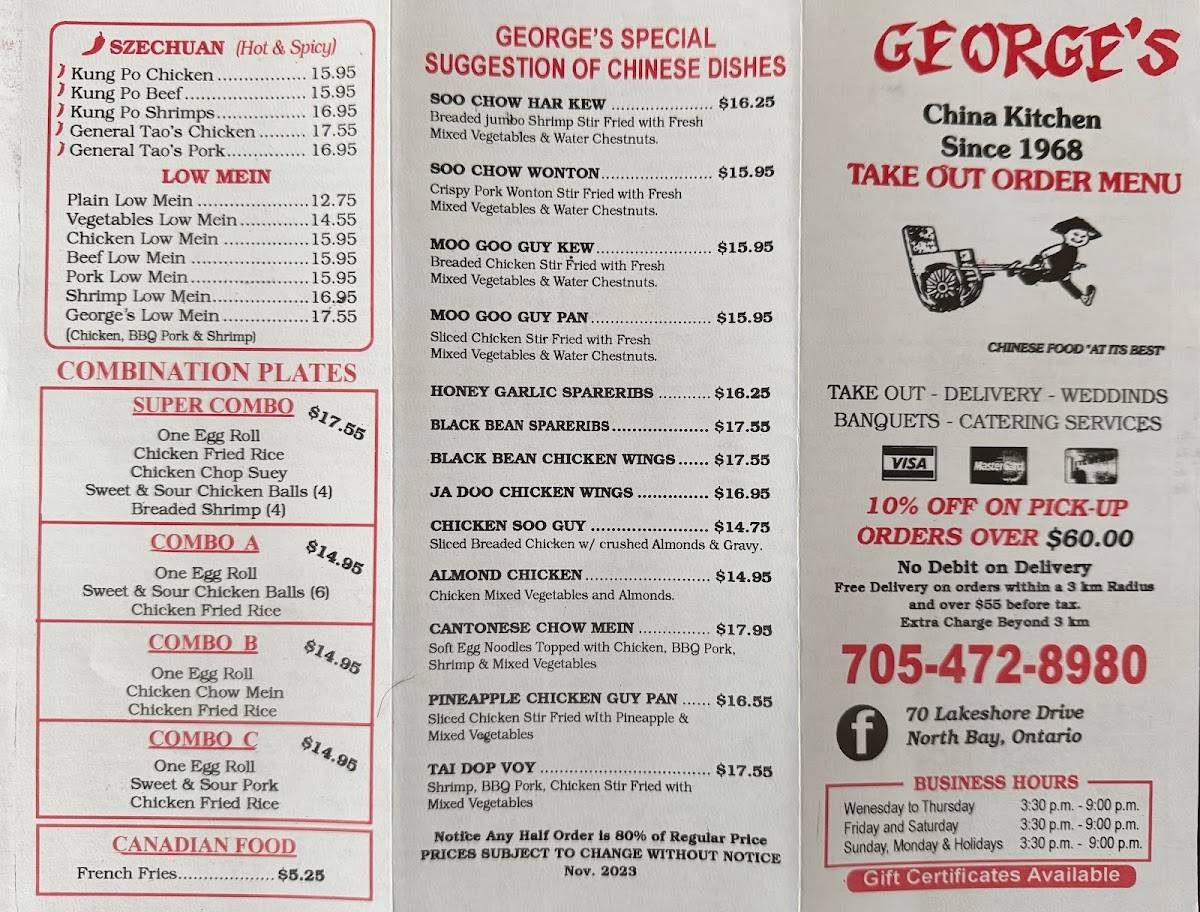 Menu at Georges China Kitchen restaurant, North Bay