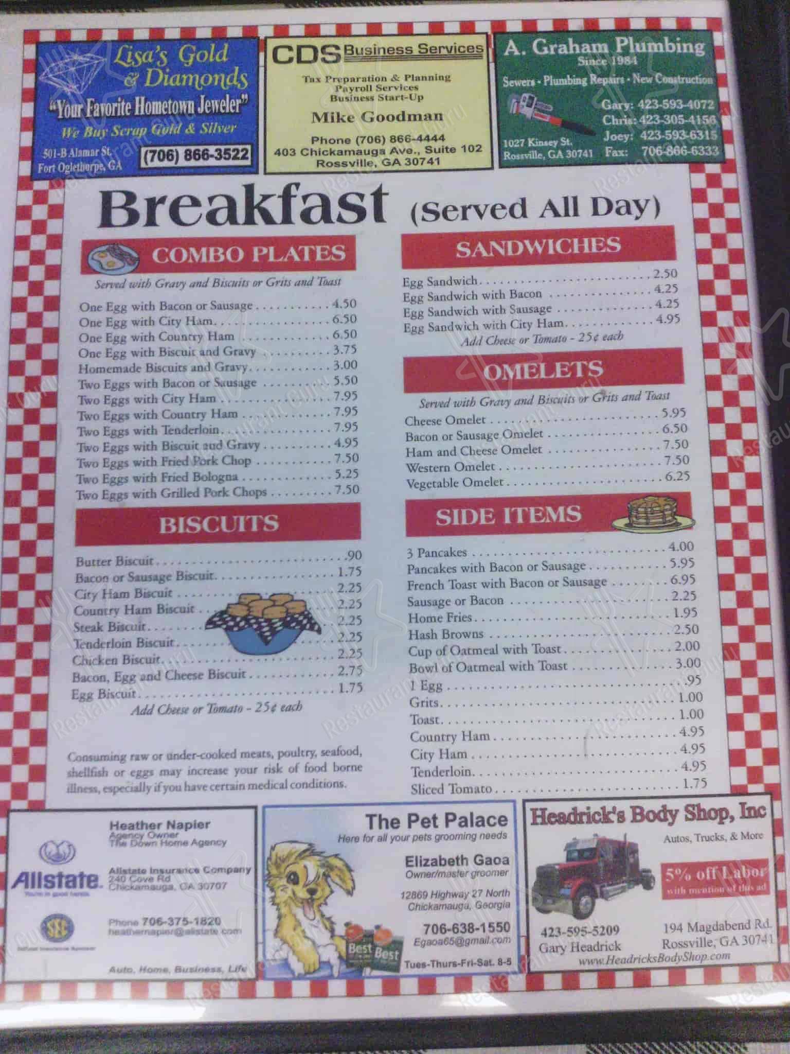 Menu at Greg's Restaurant, Chickamauga