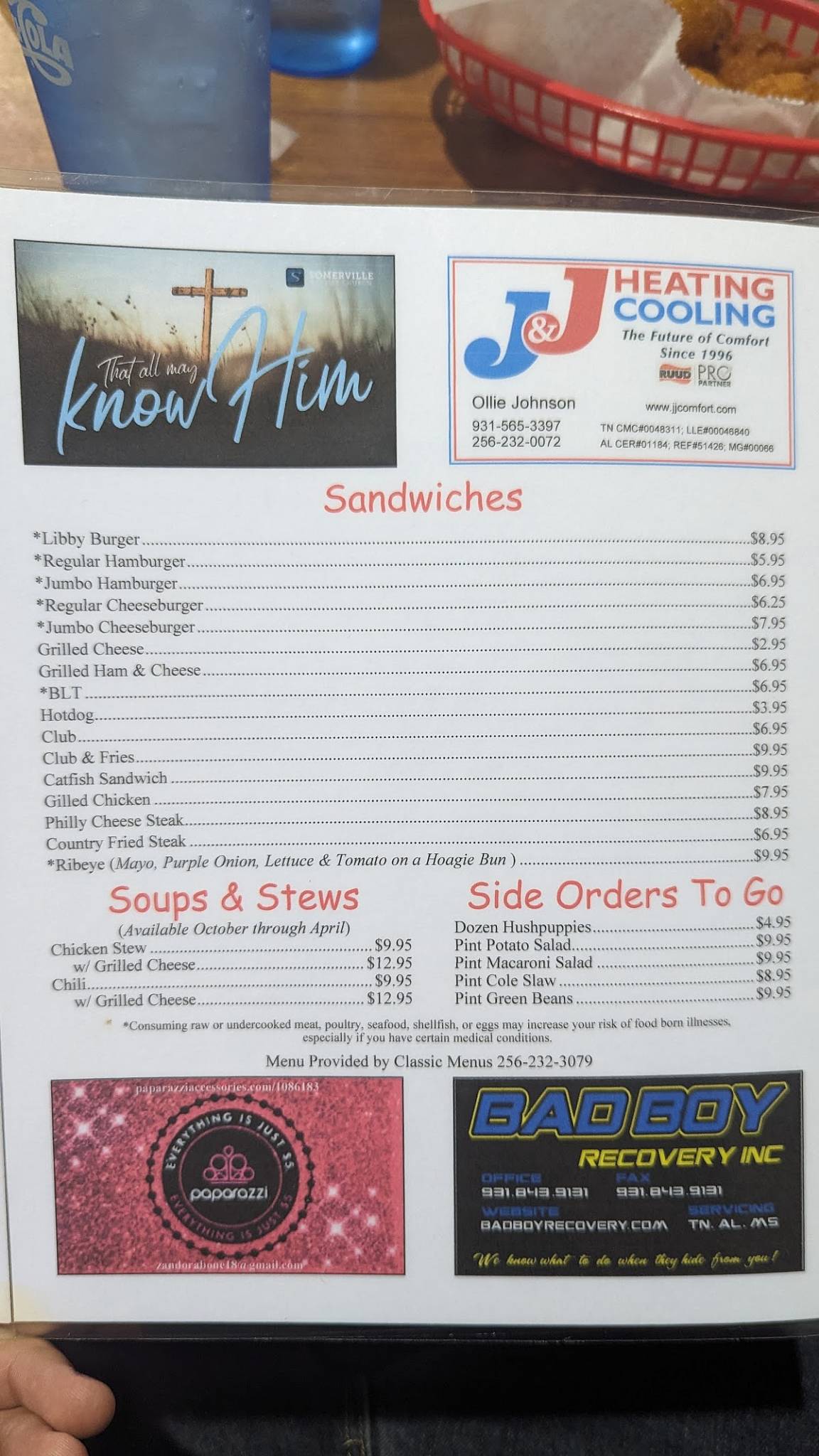 Menu at Libby's Catfish & Diner restaurant, Priceville, AL67