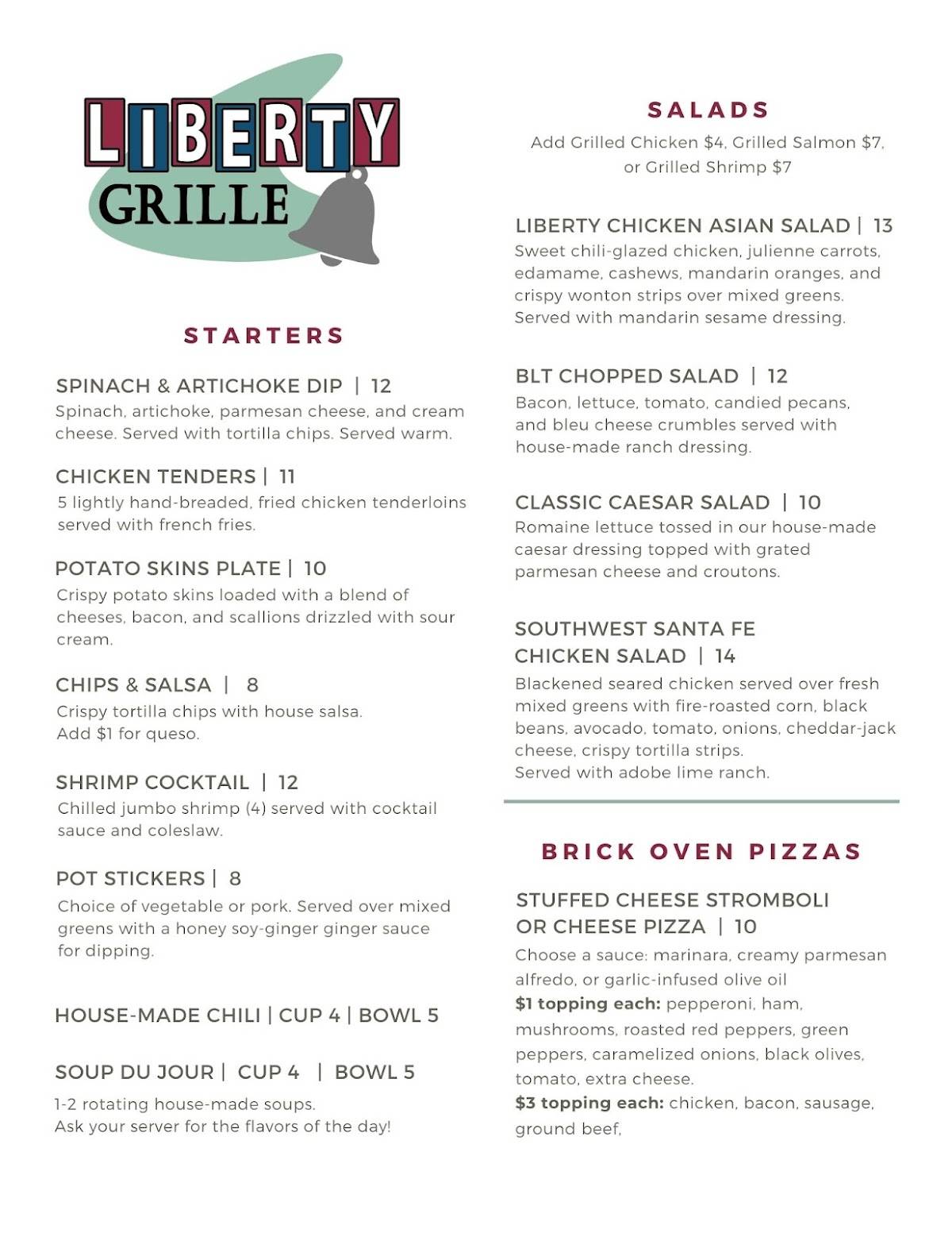 Menu at Liberty Grille restaurant, Summerfield