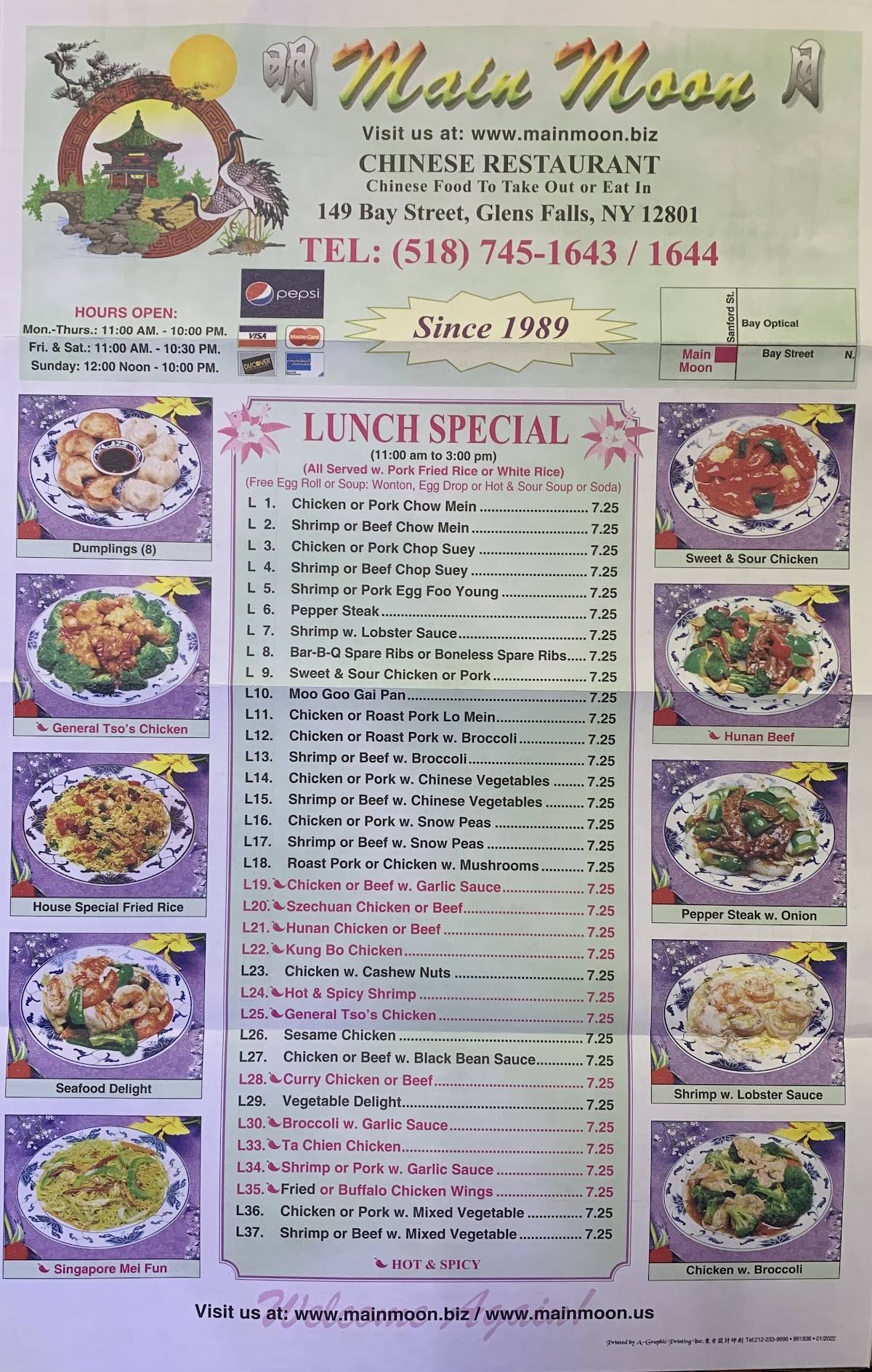 Menu at Main Moon restaurant, Glens Falls