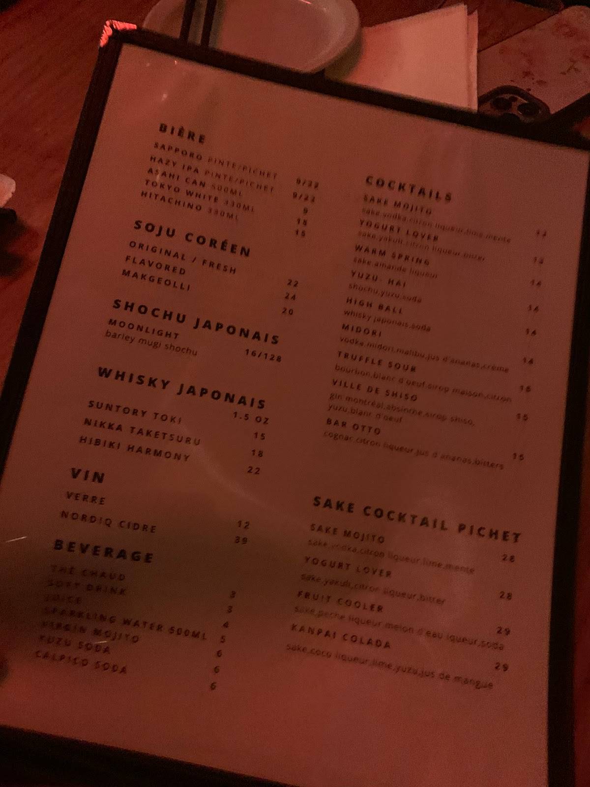 Menu at Otto Yakitori Izakaya restaurant, Montréal