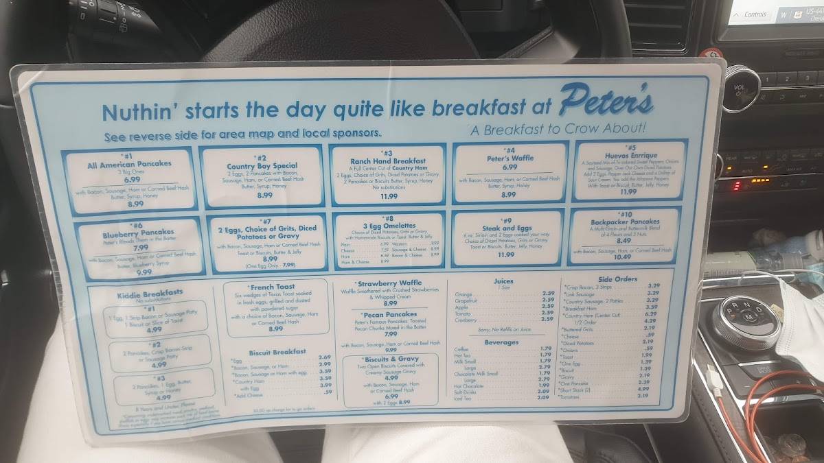 Menu at Peter's Pancakes & Waffles restaurant, Cherokee, Tsali Blvd
