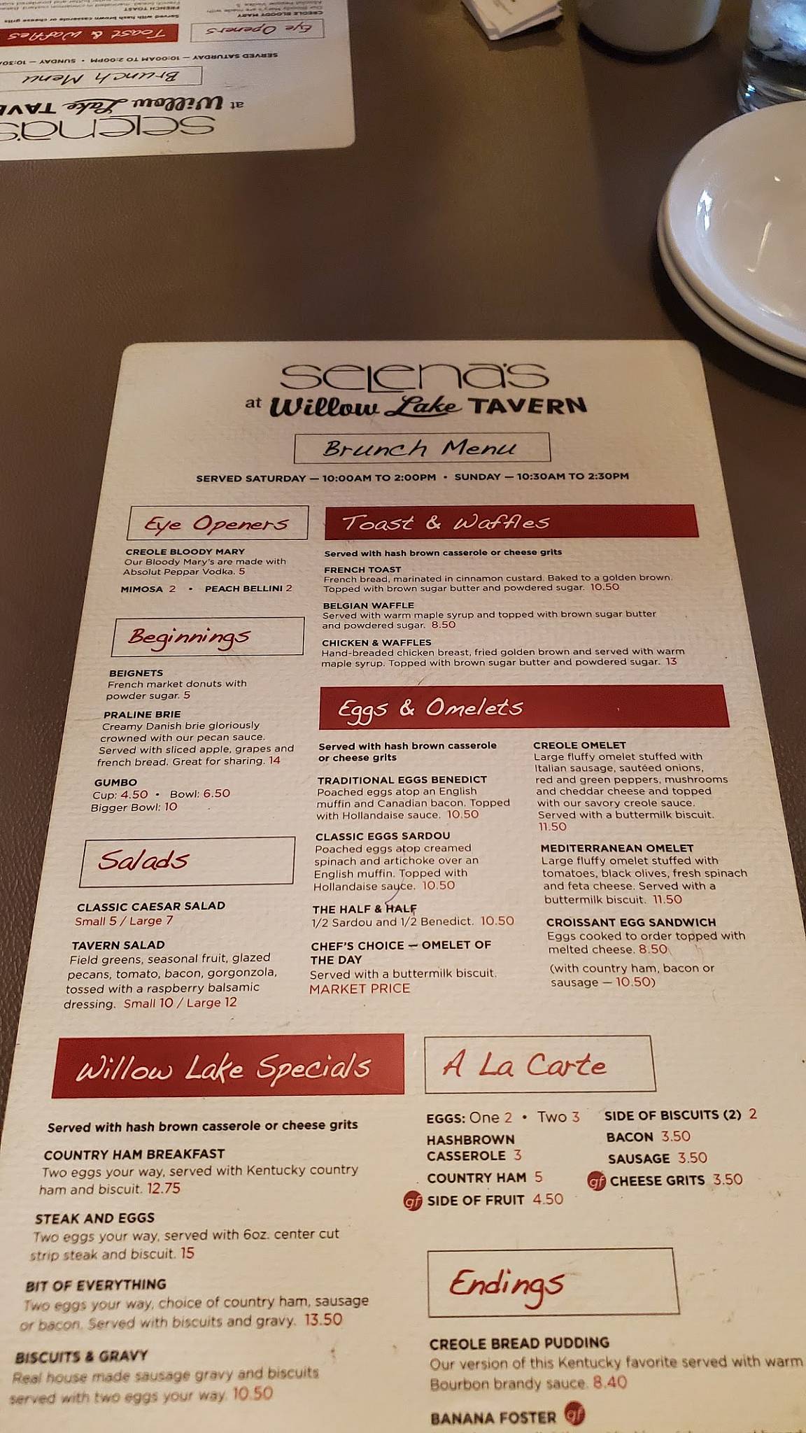Menu at Selena's at Willow Lake Tavern restaurant, Louisville