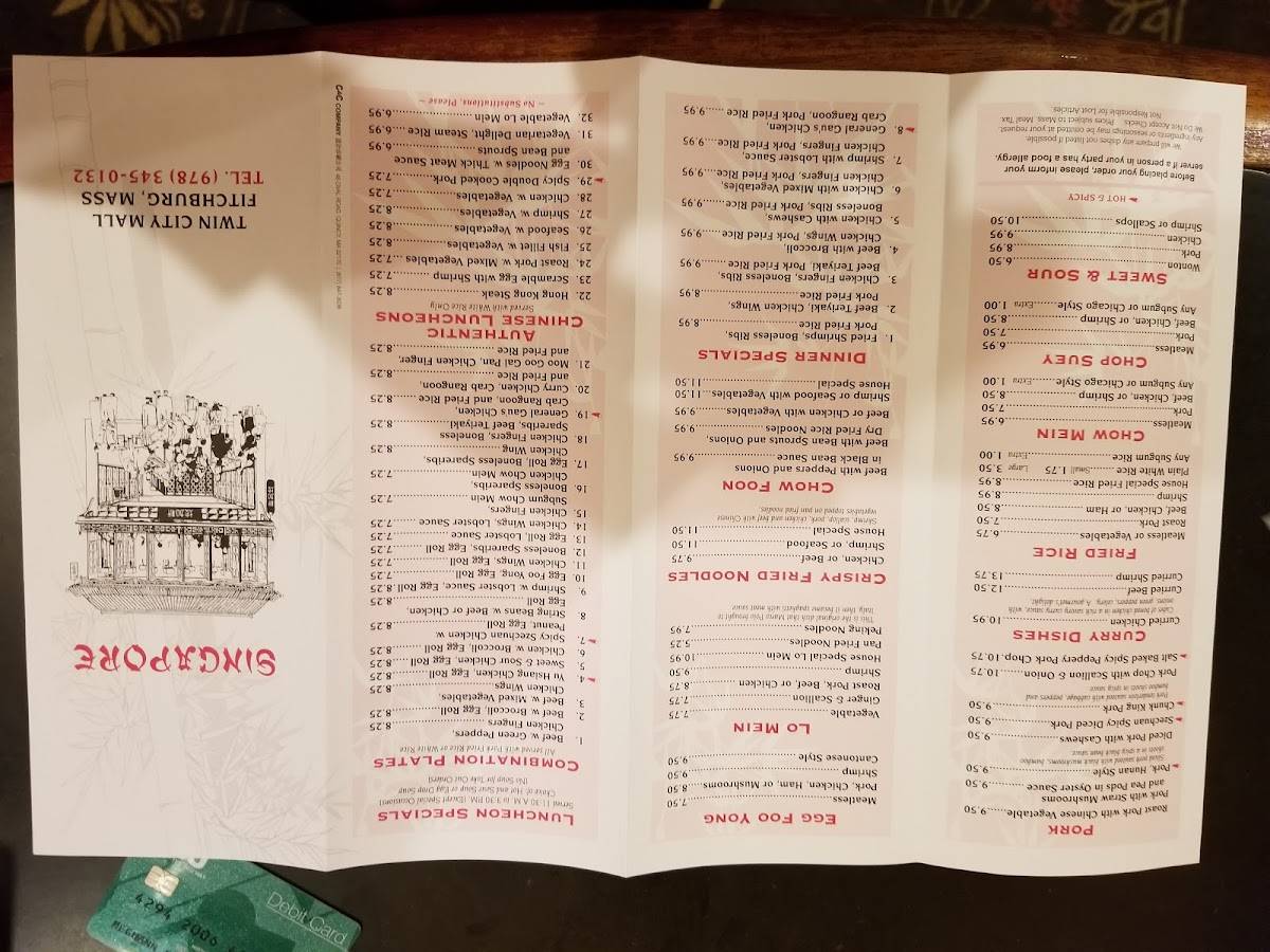 Menu at Singapore restaurant, Fitchburg