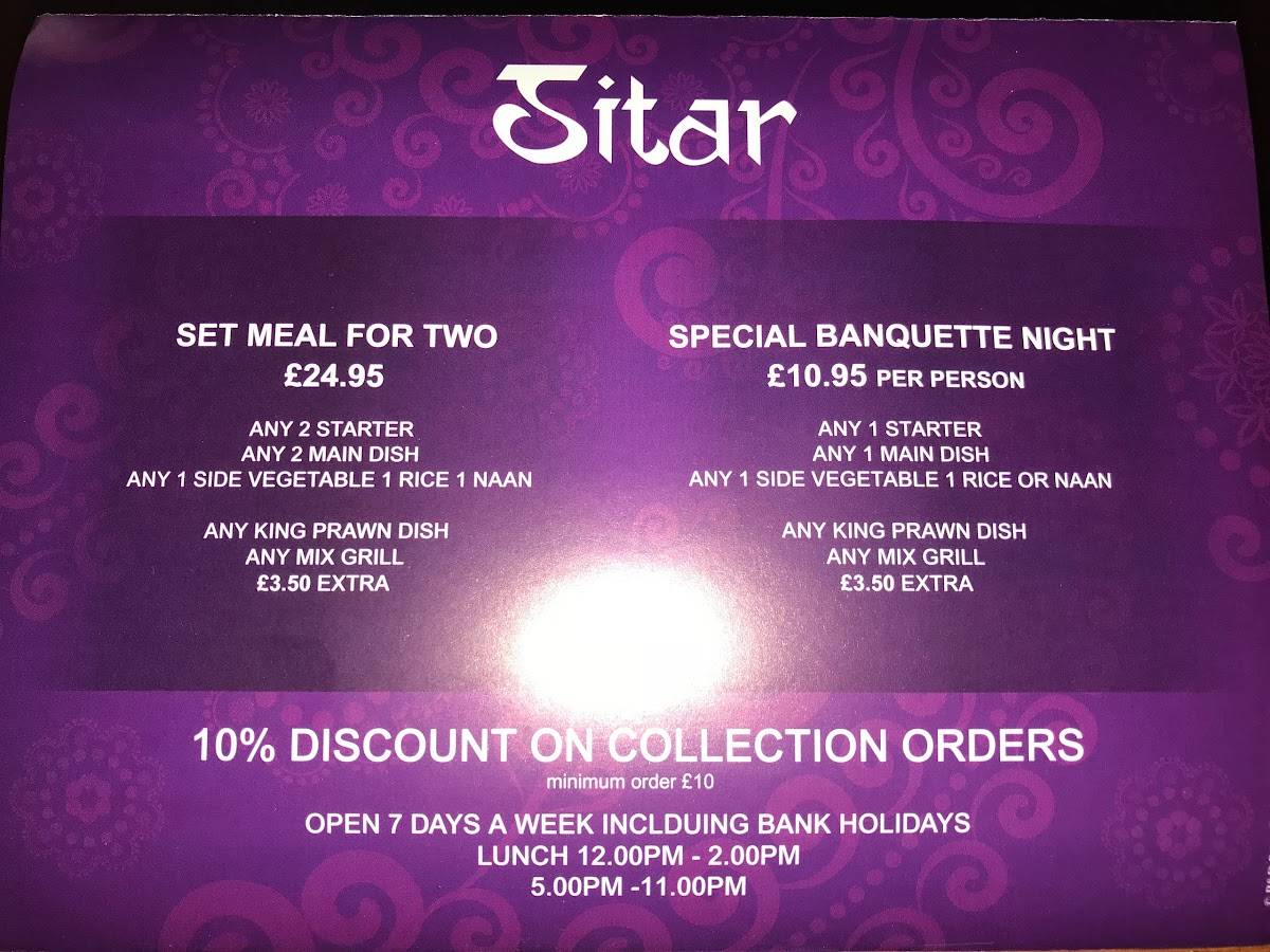 Menu at Sitar restaurant, Annan