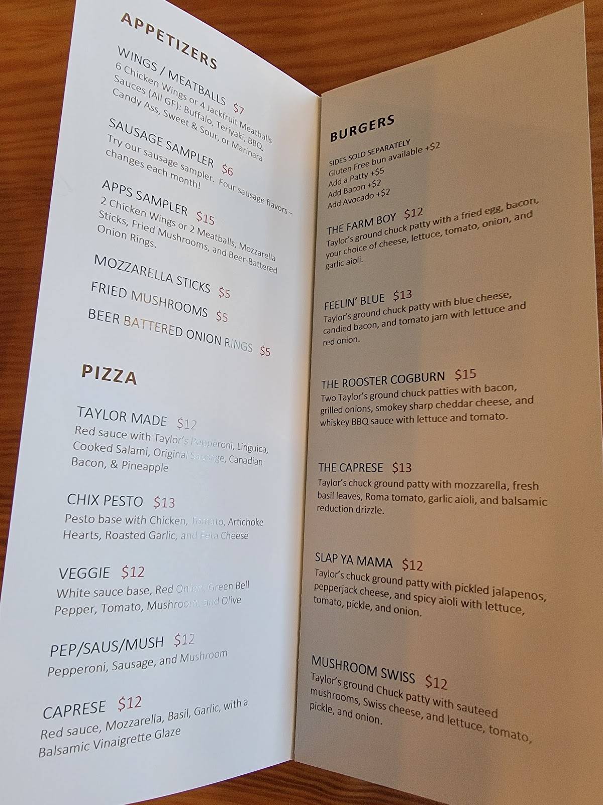 Menu at Taylor's Sausage Country Store restaurant, Cave Junction, 202 Redwood Hwy