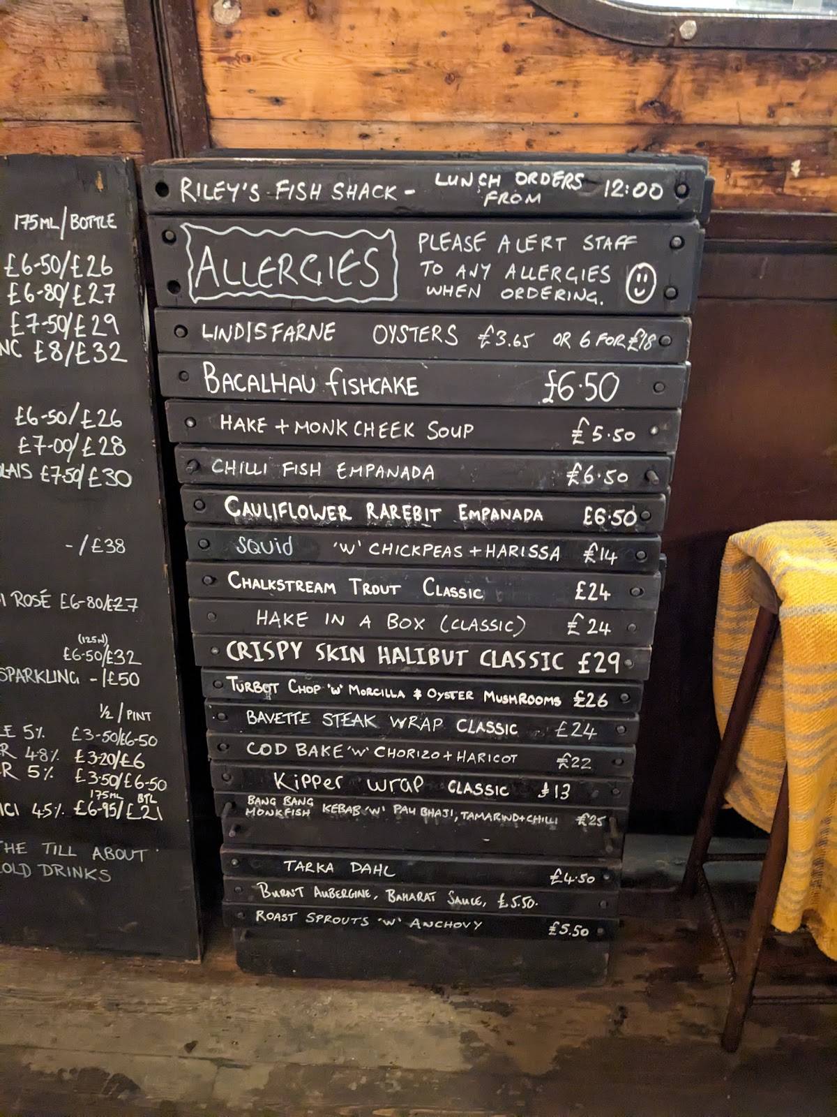 Menu at Riley's Fish Shack restaurant, Tynemouth