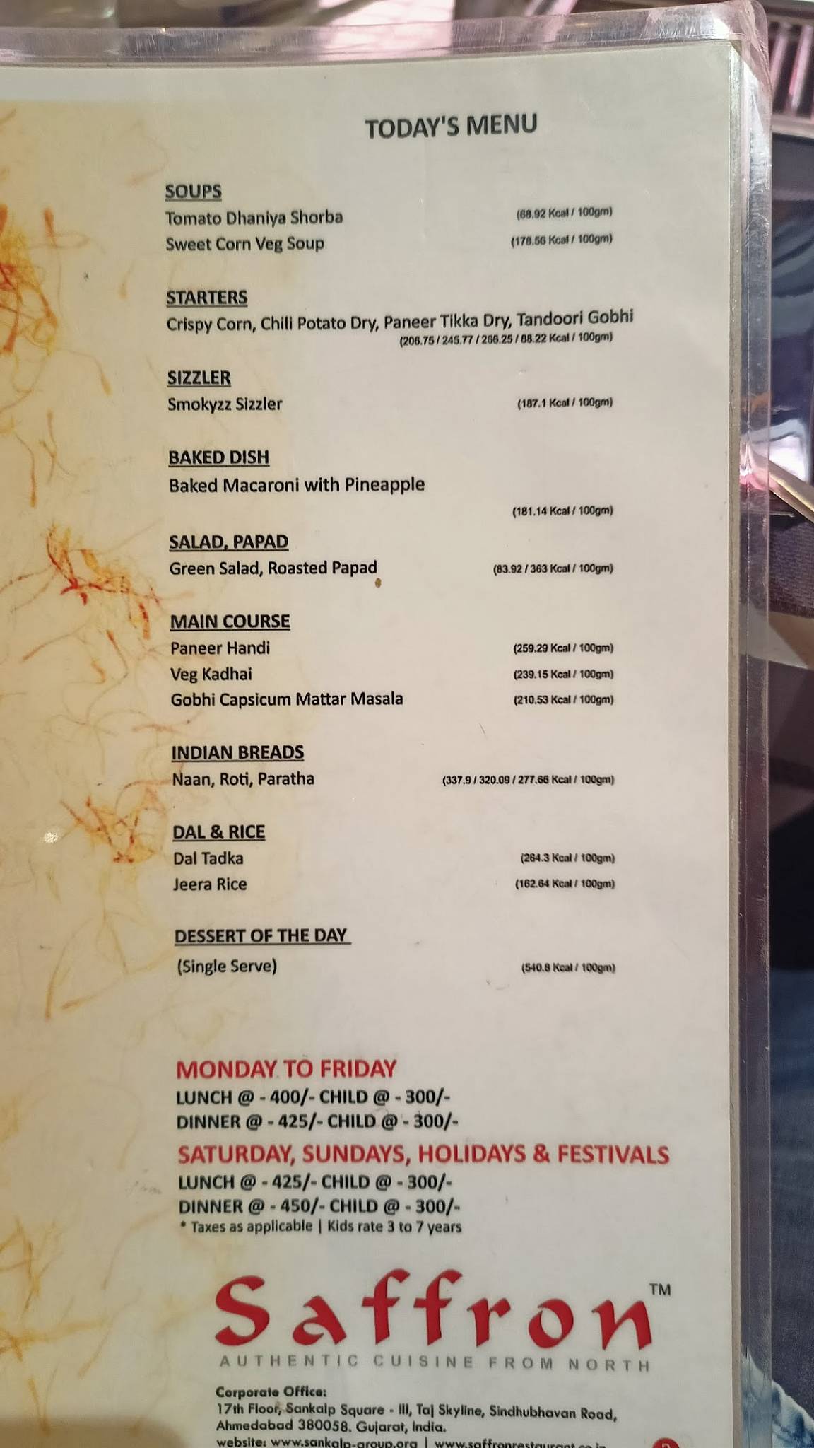 Menu at Saffron Restaurant, Hyderabad