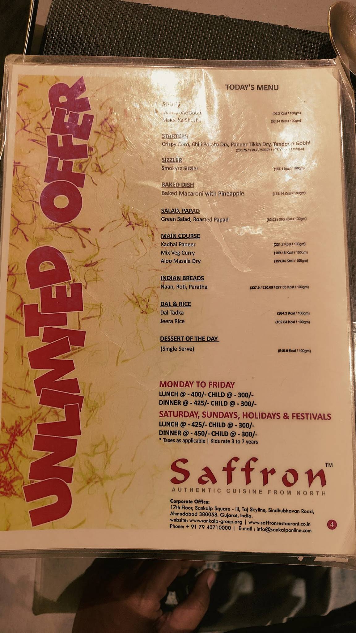 Menu at Saffron Restaurant, Hyderabad