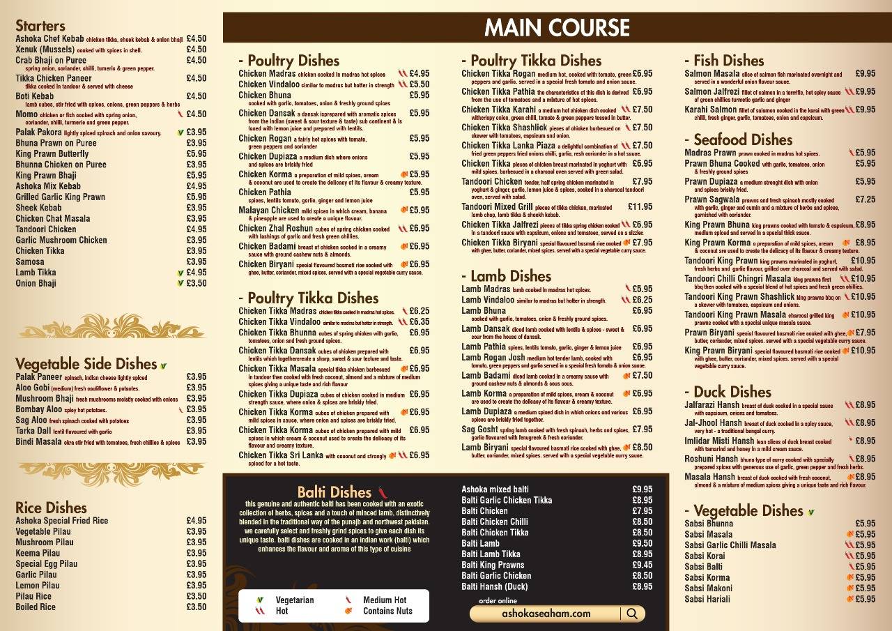Menu at Ashoka restaurant, Seaham