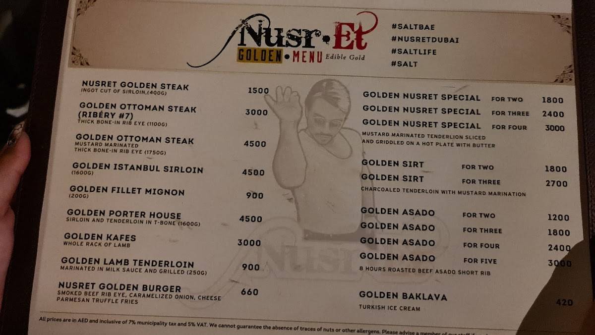 Menu at Nusr-Et Steakhouse Dubai, Dubai, Restaurant Village Four ...