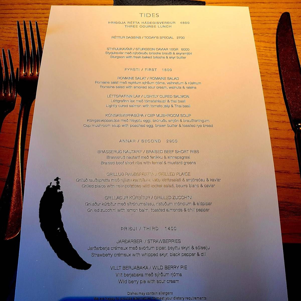 Menu at TIDES Restaurant, Reykjavík