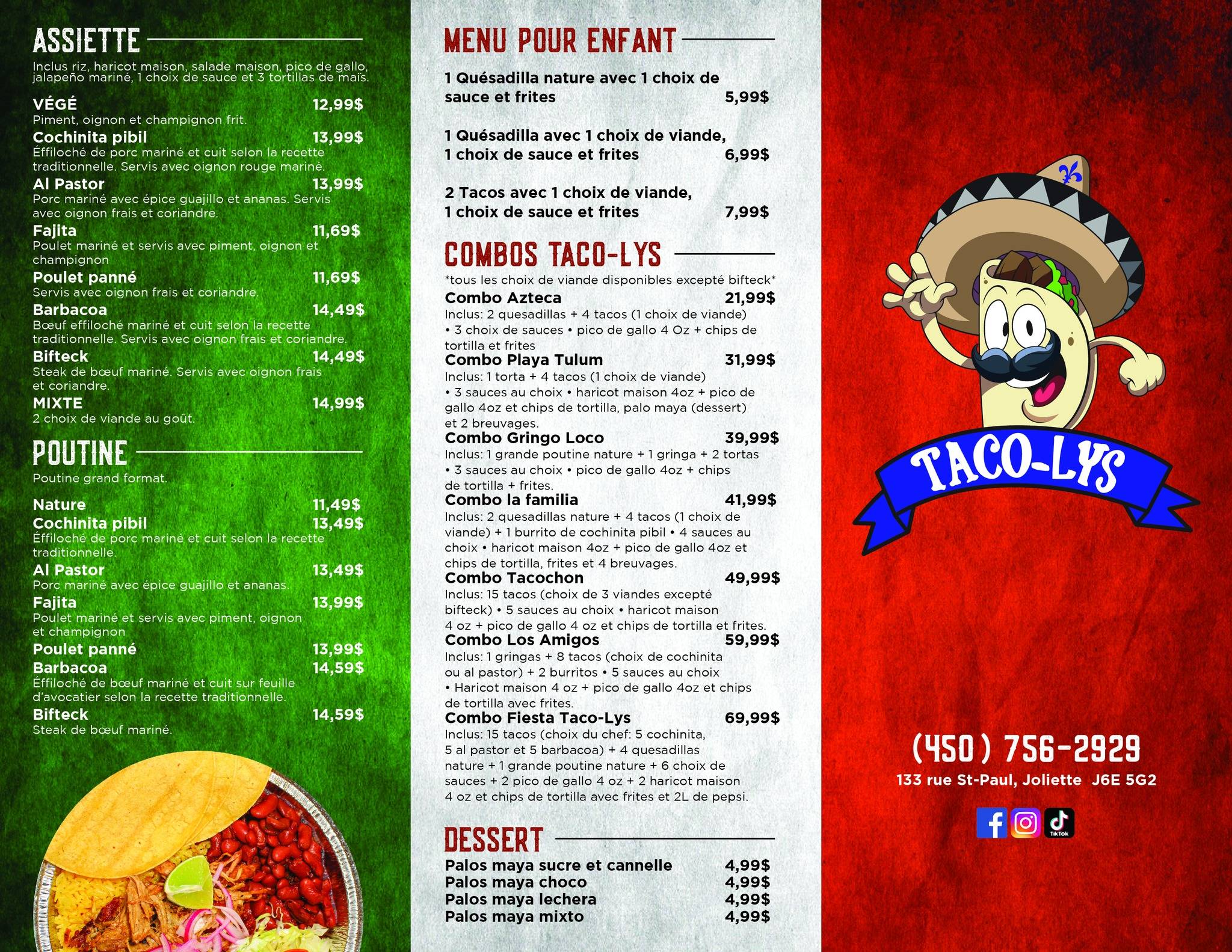 Menu at Taco-Lys restaurant, Joliette