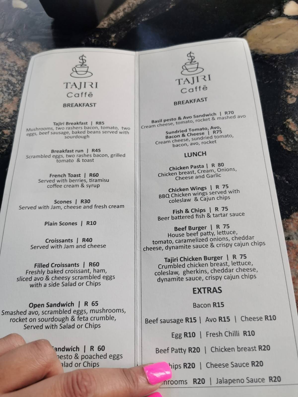 Menu at Tajiri Caffe, Pretoria