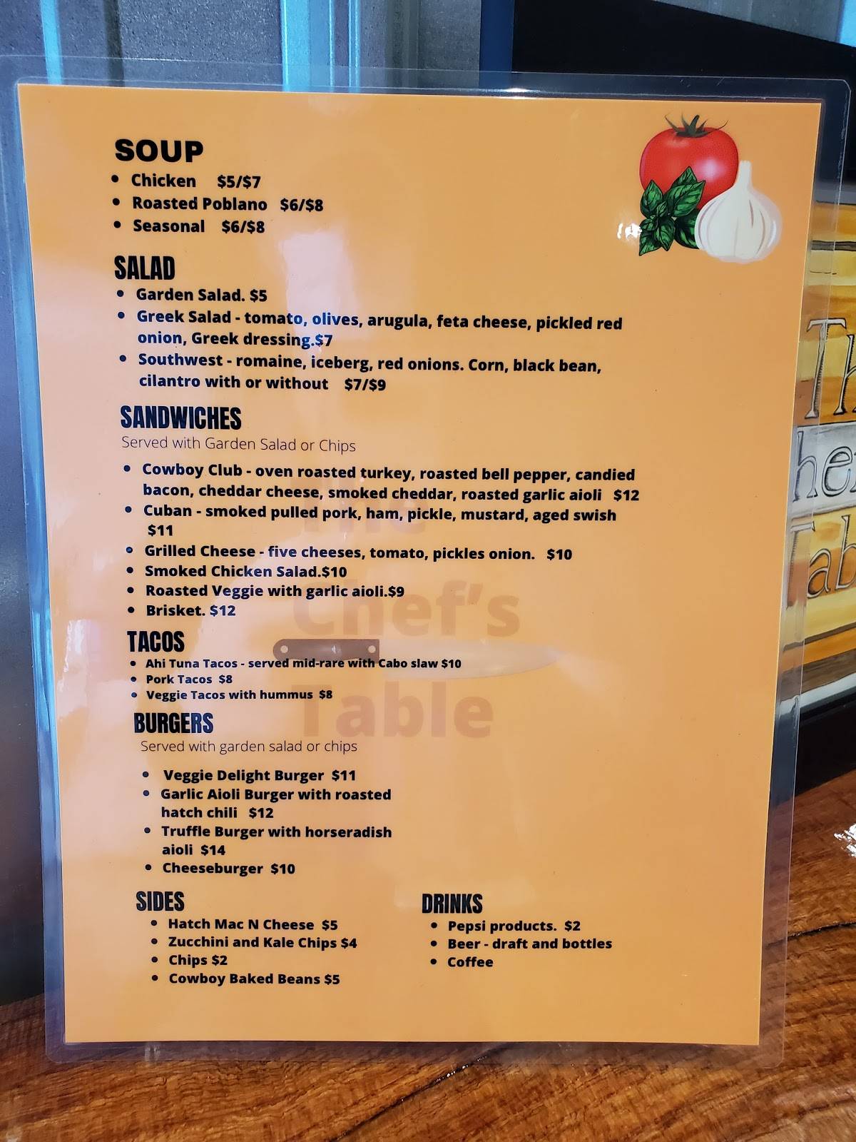 Menu at The Chef's Table cafe, Bloomington