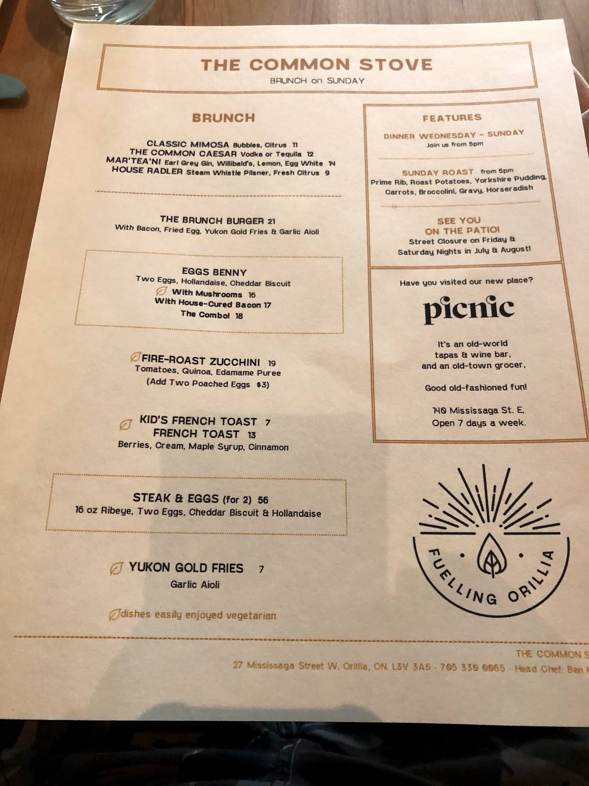 Menu at The Common Stove steakhouse, Orillia