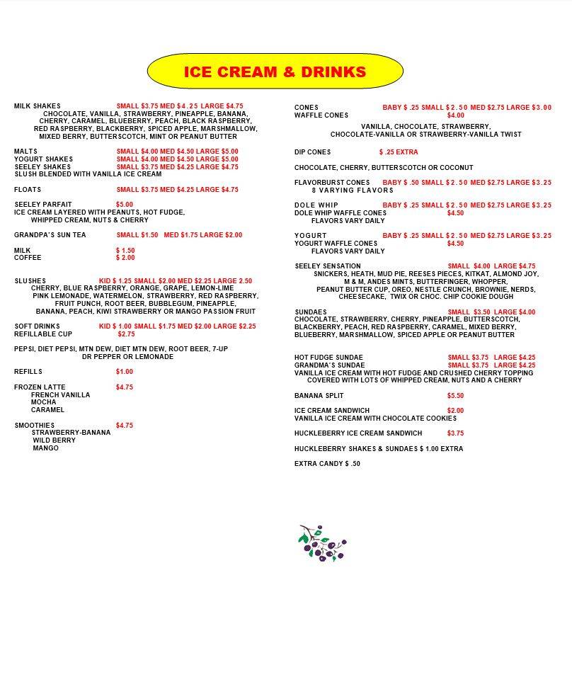 Menu at The Ice Cream Place fast food, Seeley Lake