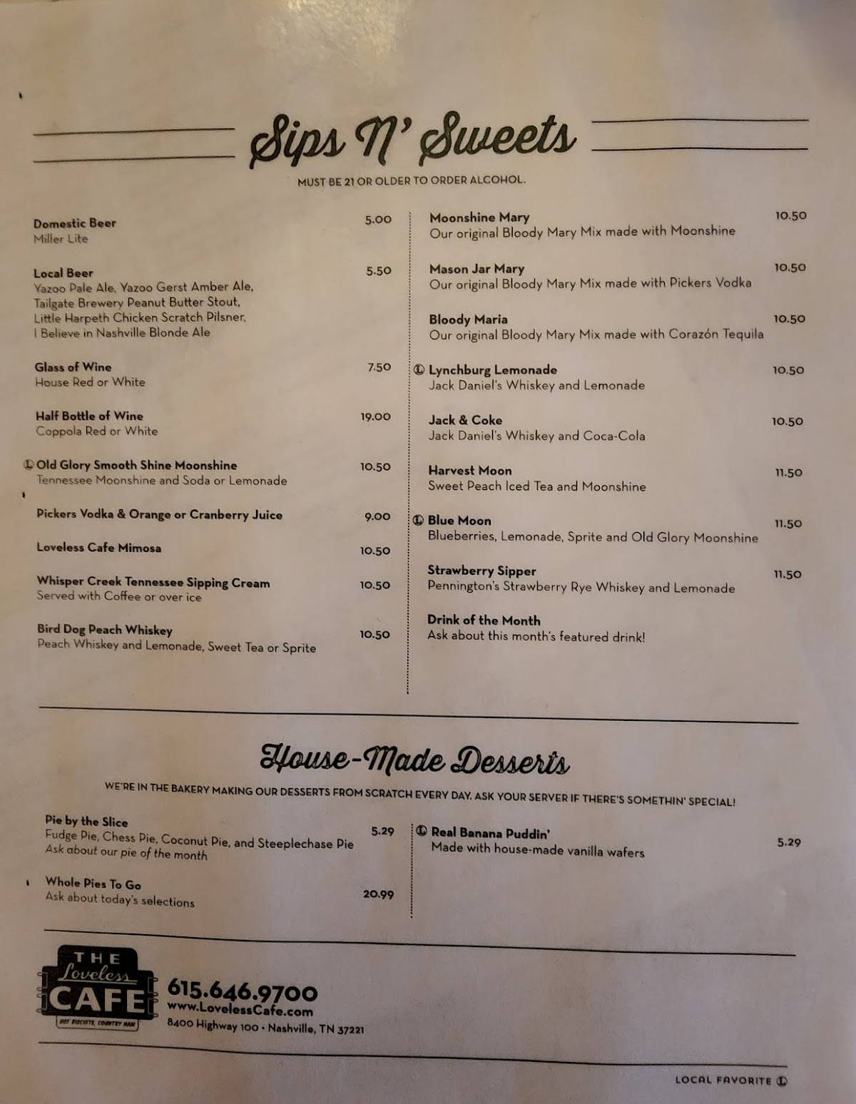 Menu at The Loveless Cafe, Nashville