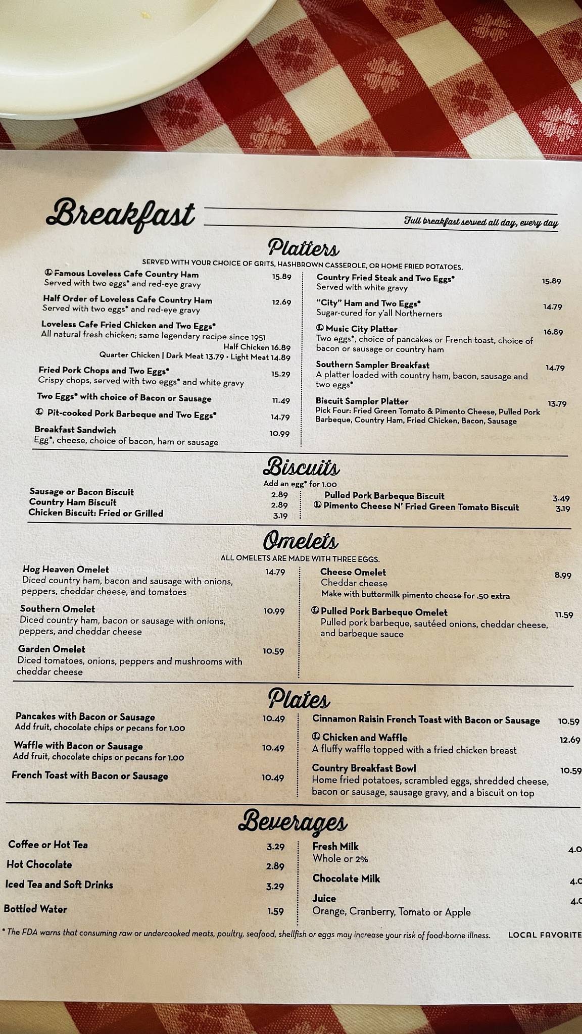 Menu at The Loveless Cafe, Nashville