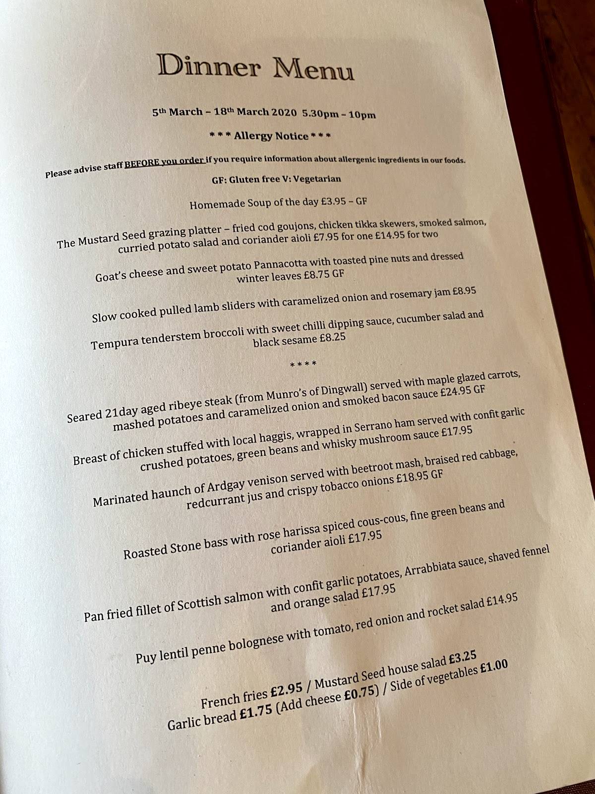 Menu at The Mustard Seed Restaurant, Inverness