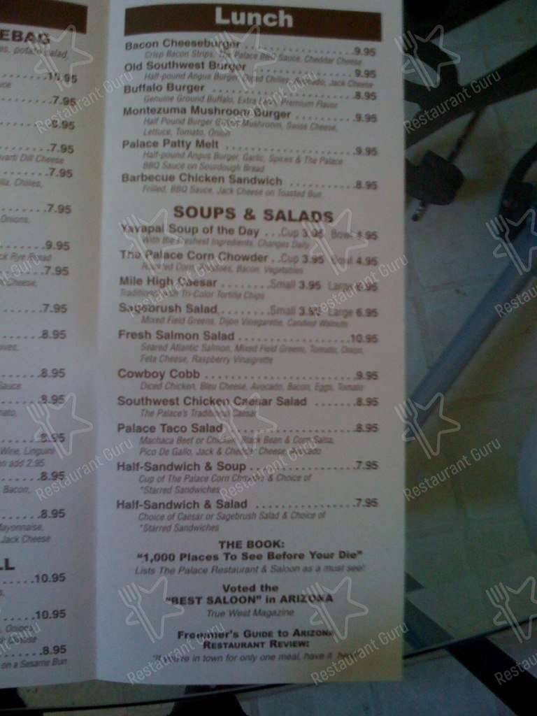 Menu at Palace Restaurant & Saloon, Prescott, 120 S Montezuma St
