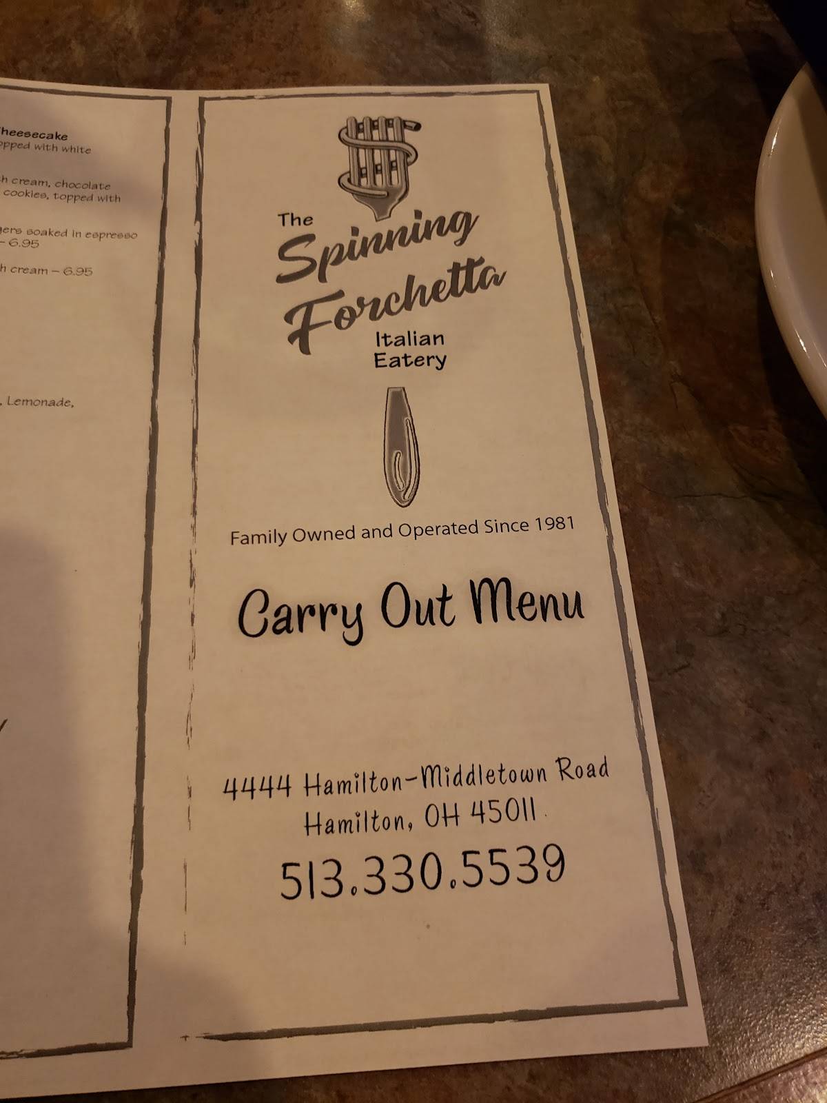 Menu at The Spinning Forchetta restaurant, Hamilton