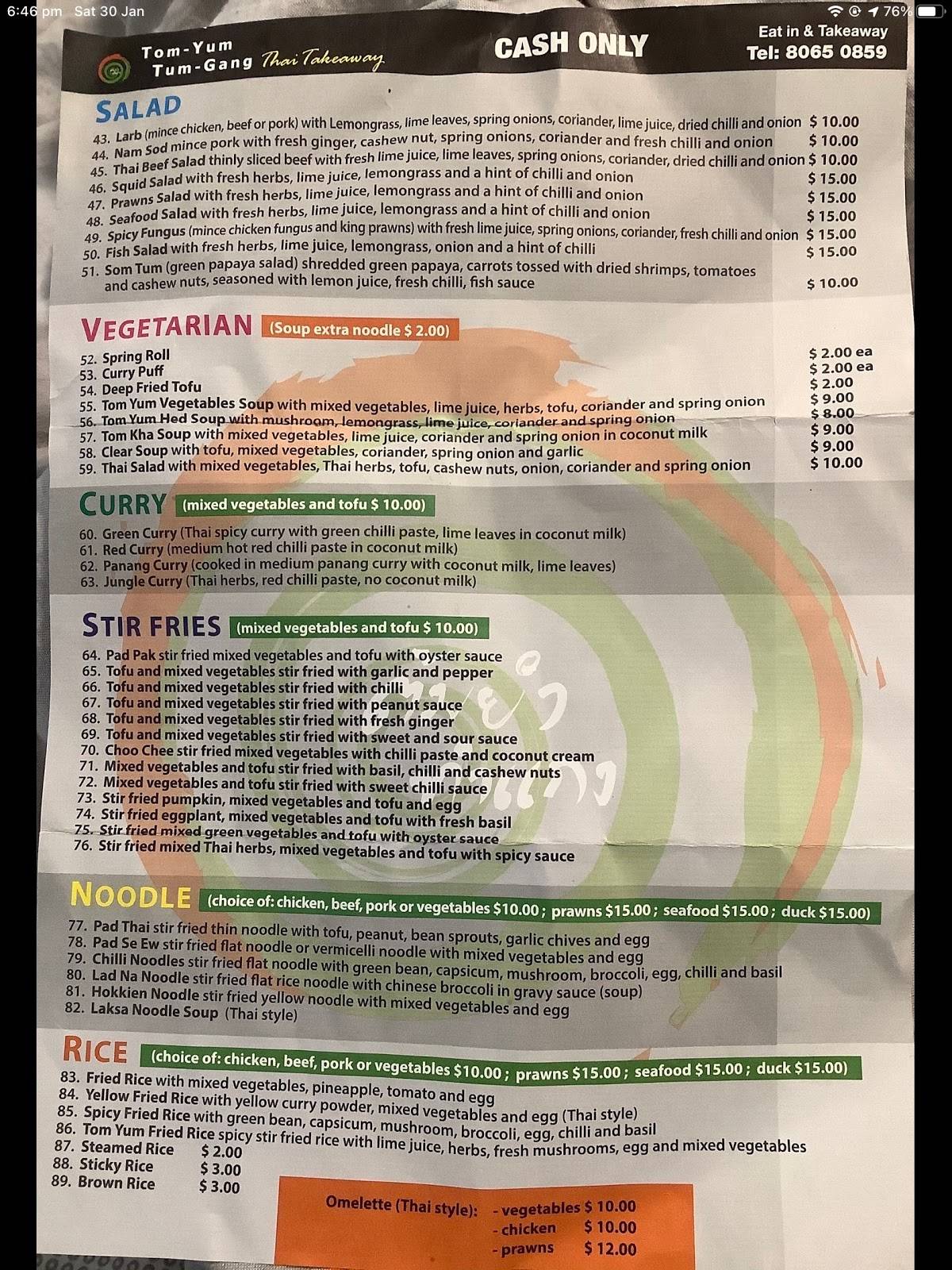 Menu at TomYum TumGang fast food, Glebe