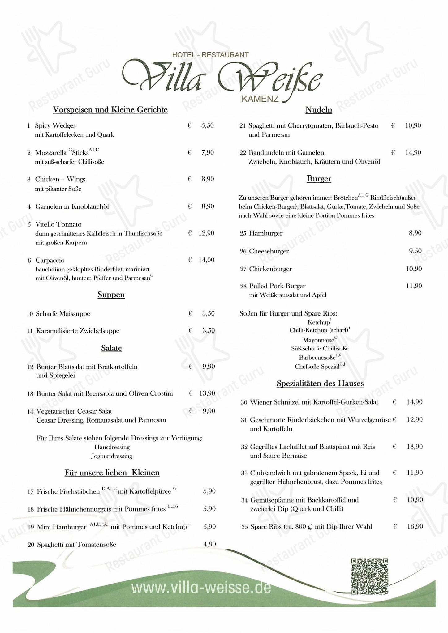 Villa Rosa - Landsberg Speisekarte Speisekarte von Restaurant Villa Weiße, Kamenz