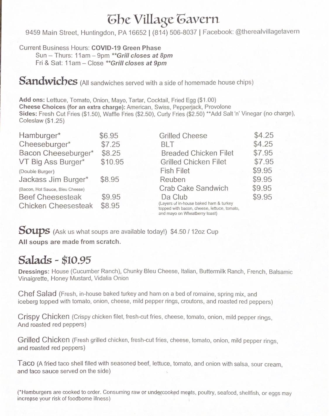 Menu at Village Tavern pub & bar, Mill Creek, Main St