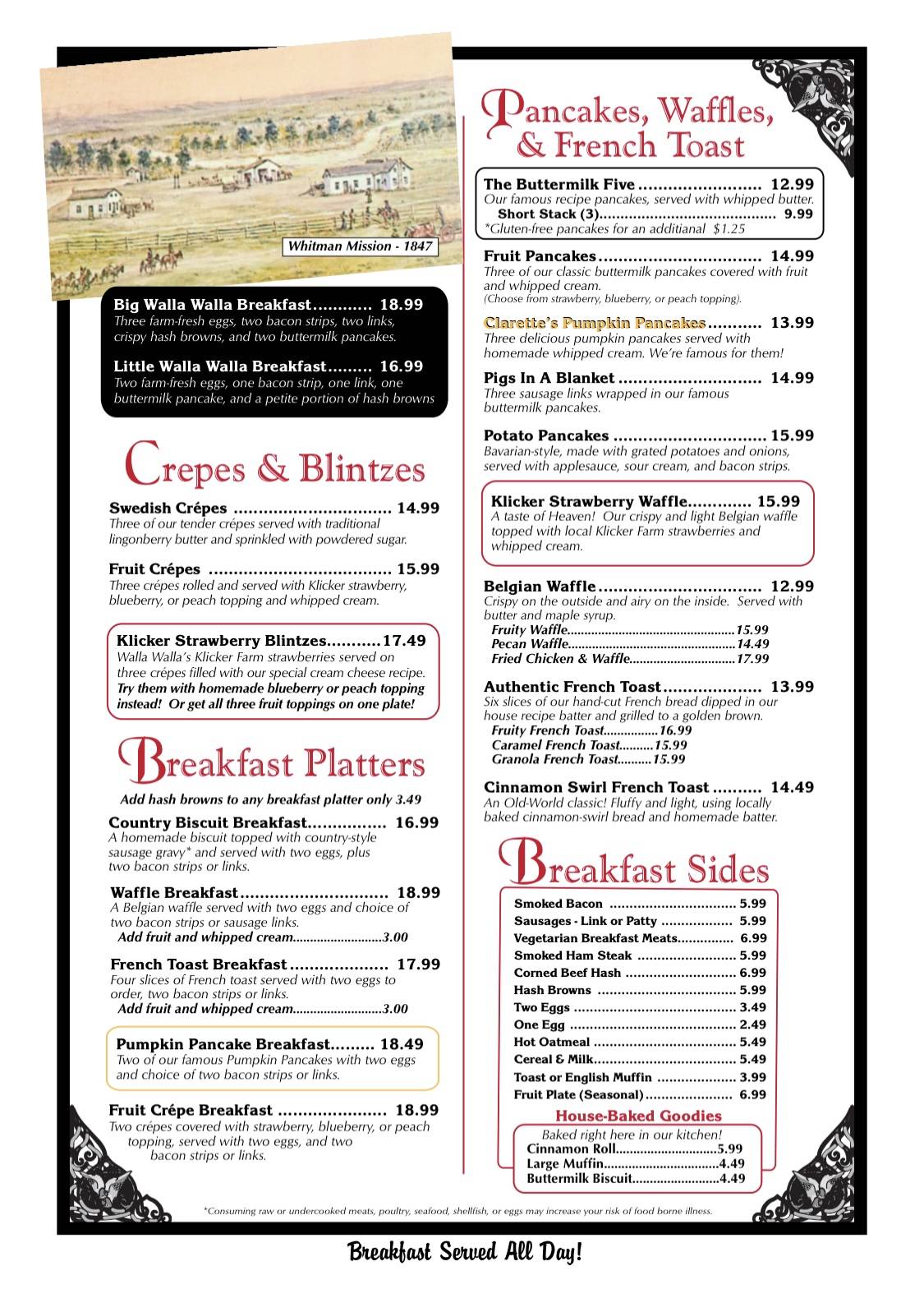 Menu at Clarette's Restaurant, Walla Walla, 15 S Touchet St