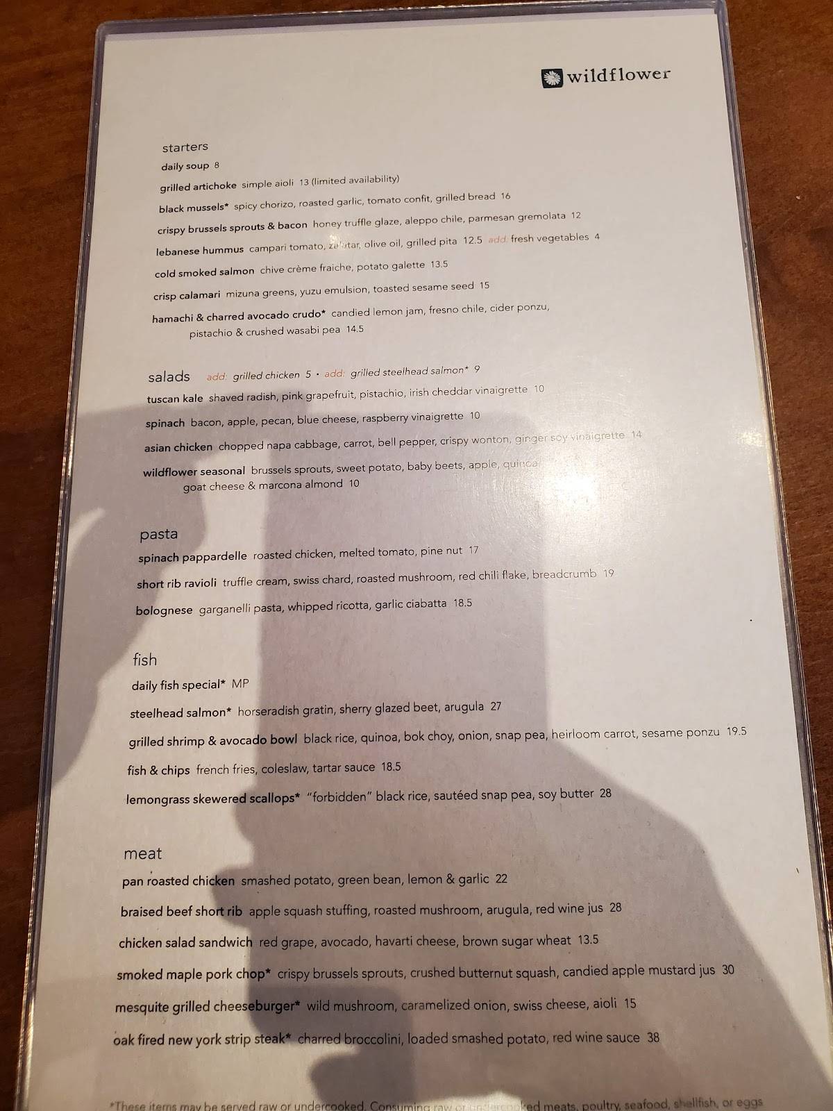 Menu at Wildflower restaurant, Tucson