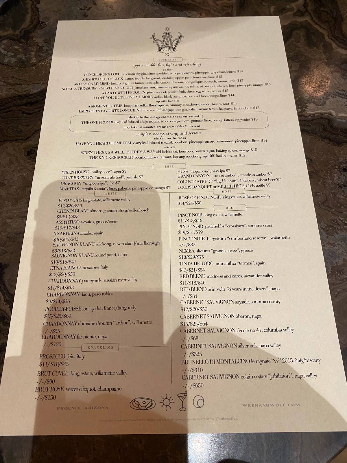 Menu at Wren & Wolf pub & bar, Phoenix