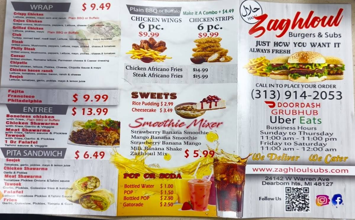Menu at Zaghloul Subs & Burgers restaurant, Dearborn Heights