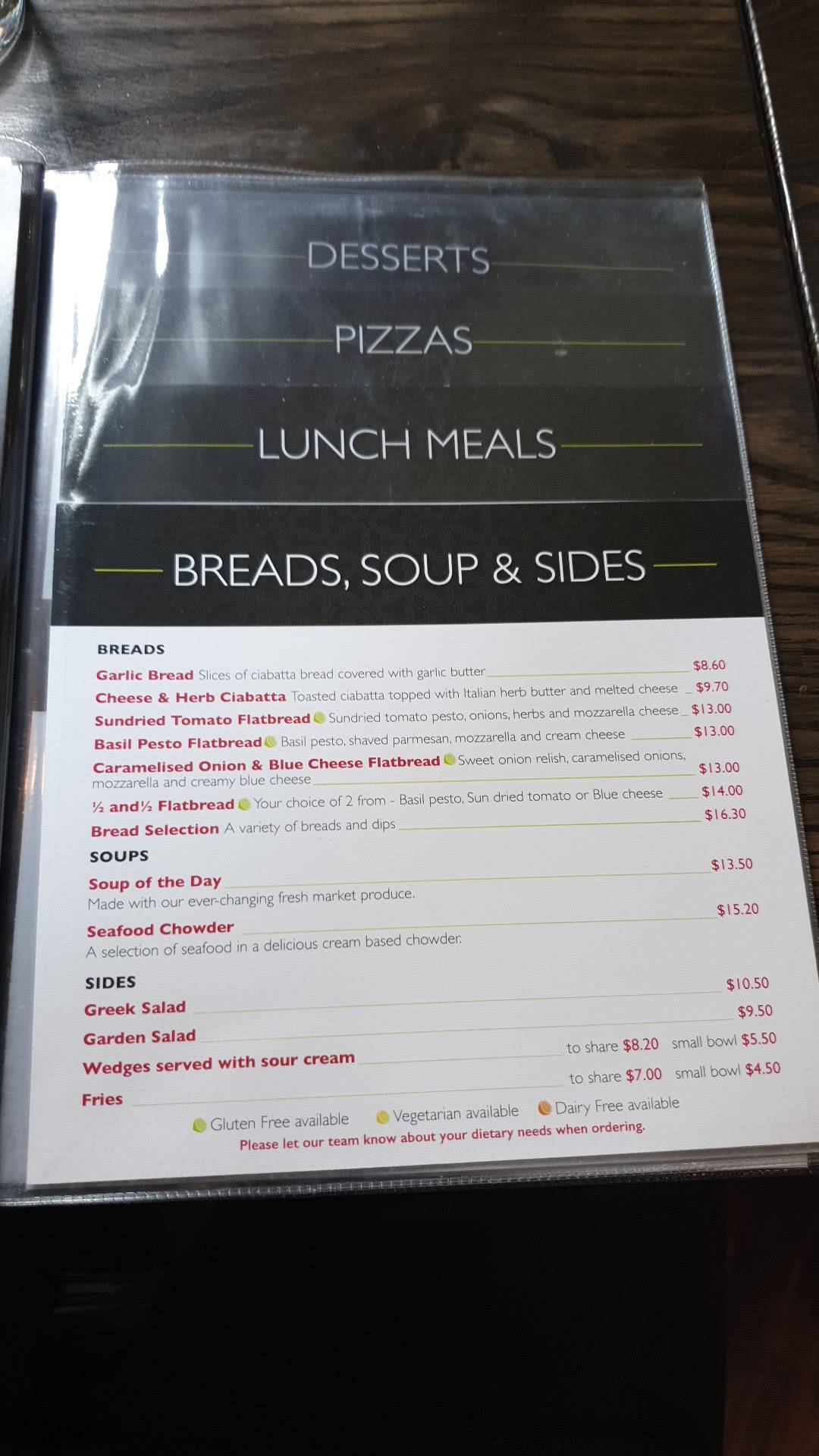 Menu at Zest Restaurant, Timaru