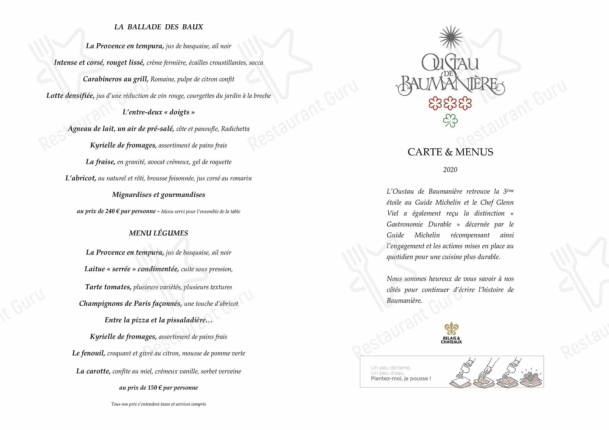 Menu au Oustau de Baumanière restaurant, Les BauxdeProvence, Chemin