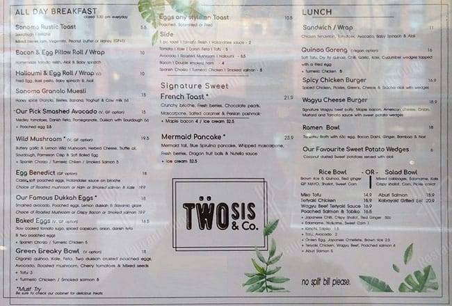 Menu at two sis & co cafe, Pyrmont
