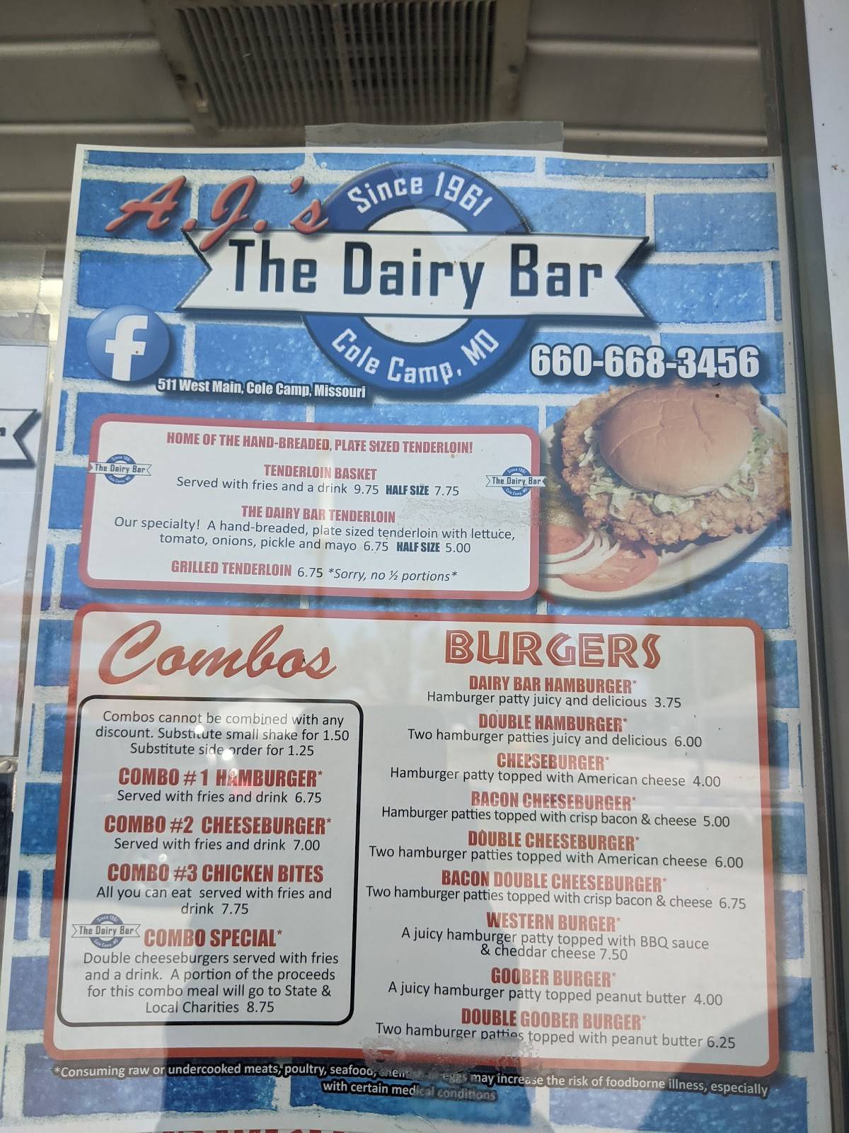Menu at A.J.'s Dairy Bar, Cole Camp