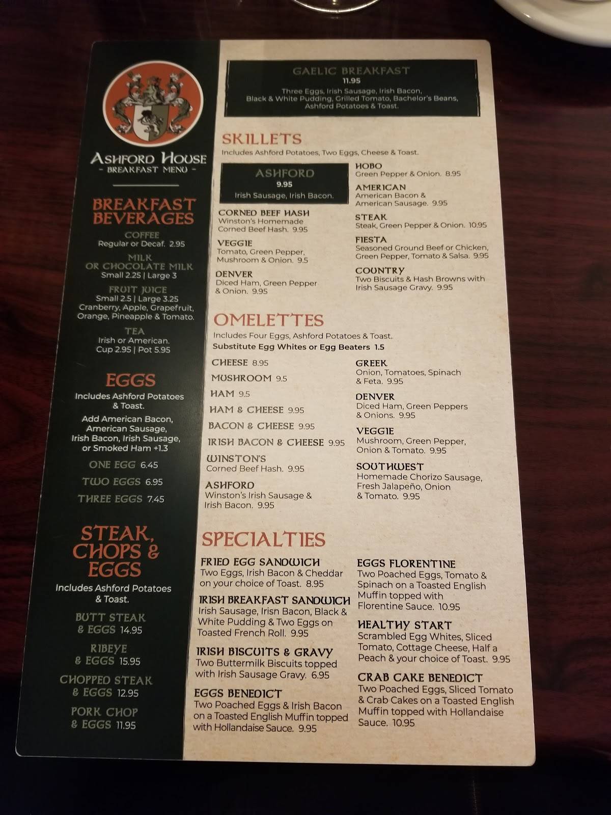 Menu at Ashford House restaurant, Tinley Park